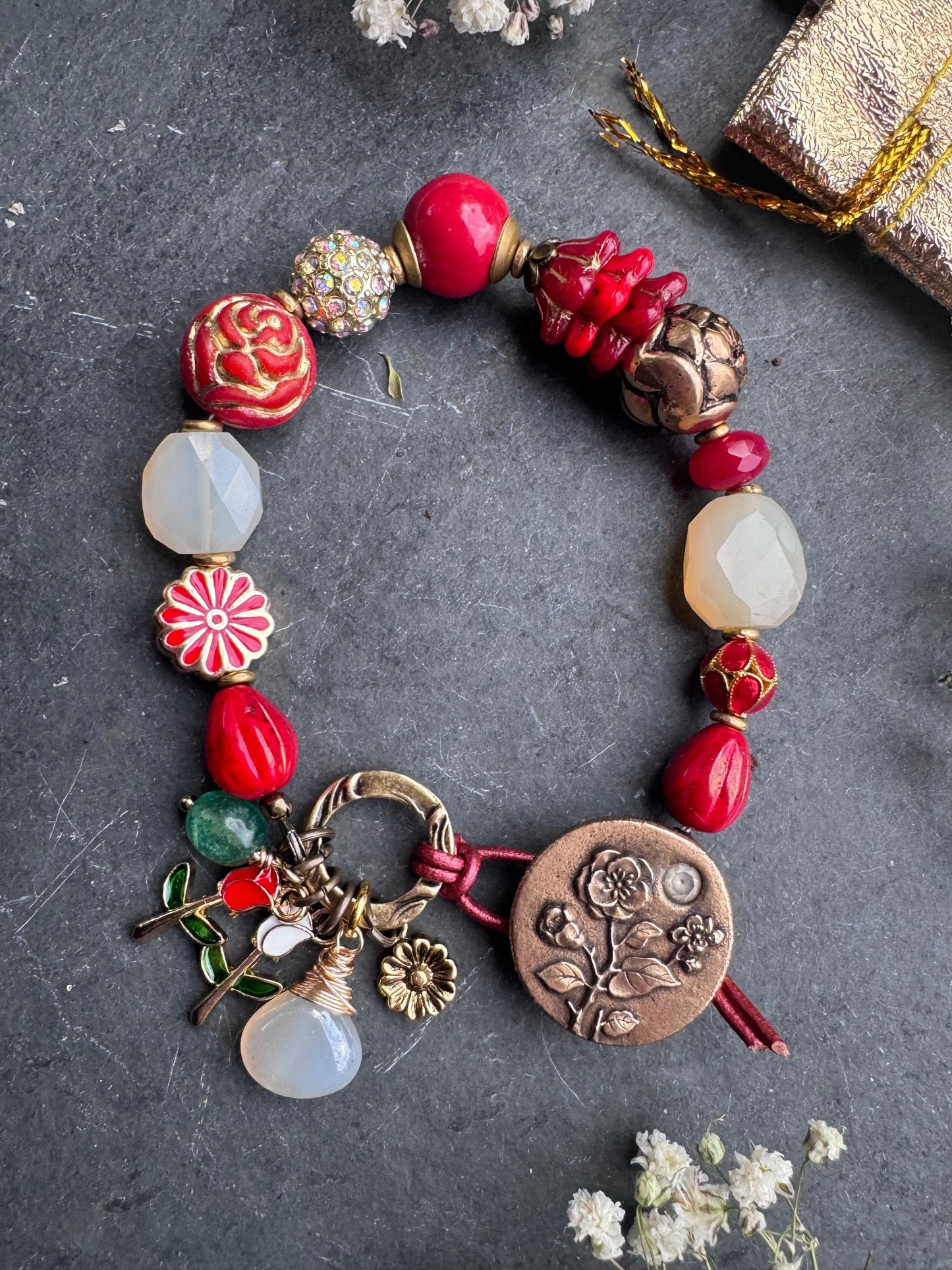 Roses. white chalcedony, Czech glass, ceramic, rhinestone and Cloisonné. Rose bronze button.