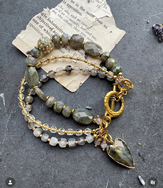 Labradorite stone, Czech glass, gold metal, bracelet
