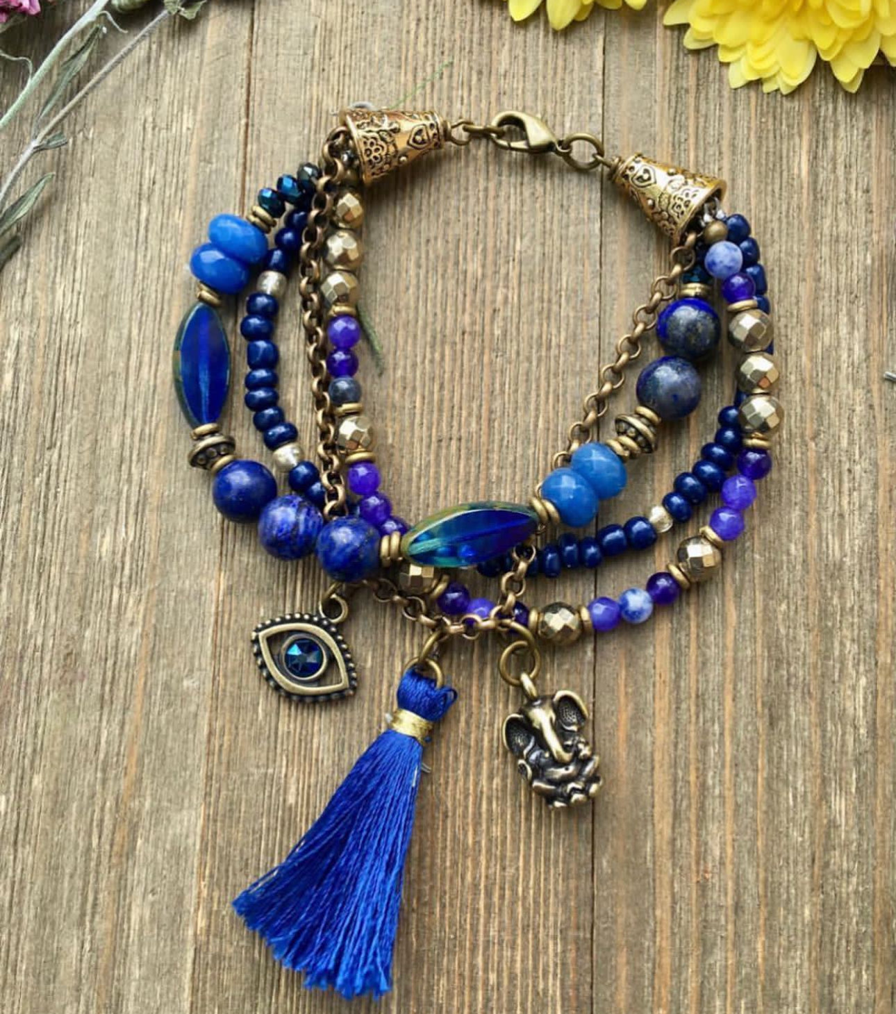 Lapis lazuli stone, czech glass, brass, bracelet. Custom order. 2 week turn around.