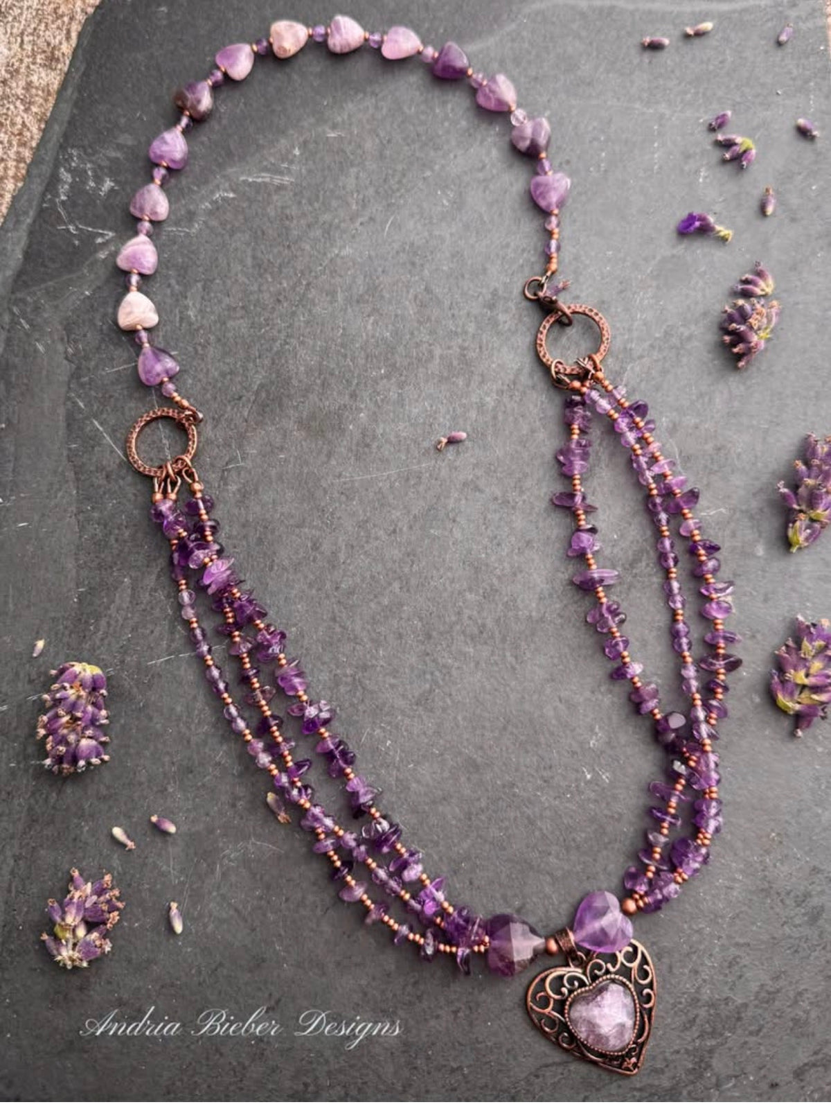 Heart of amethyst. Amethyst stone, copper metal, necklace