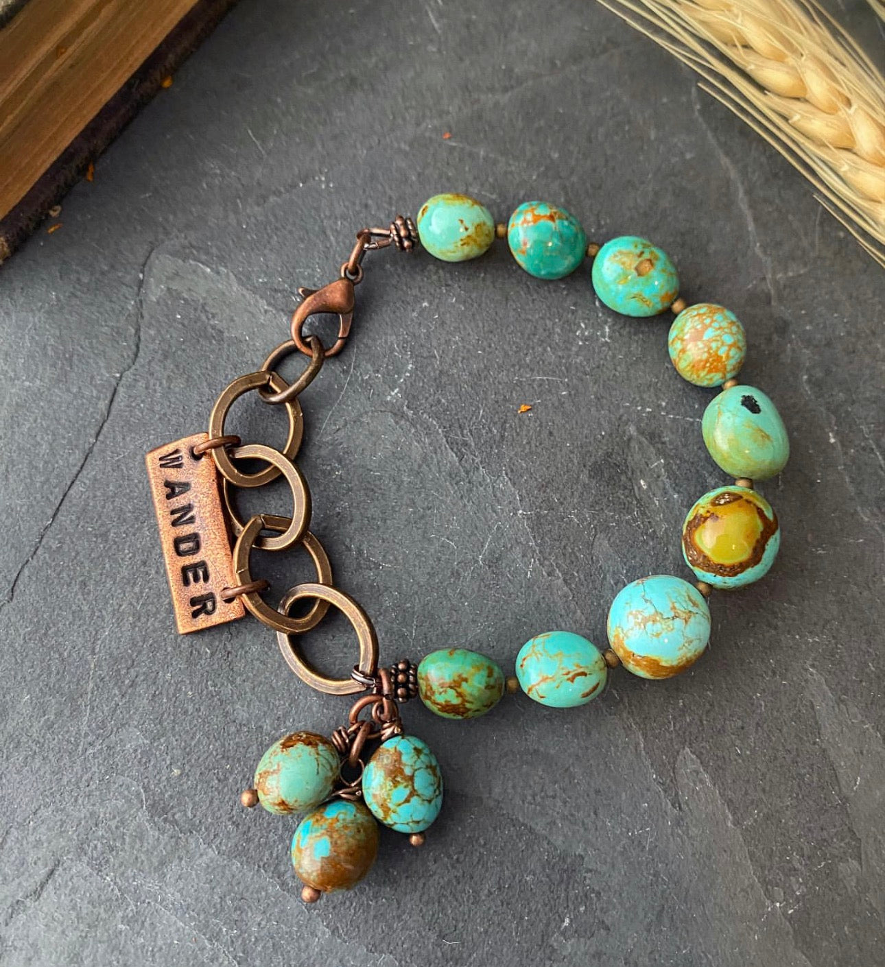 Turquoise, chain, wander charm, bracelet