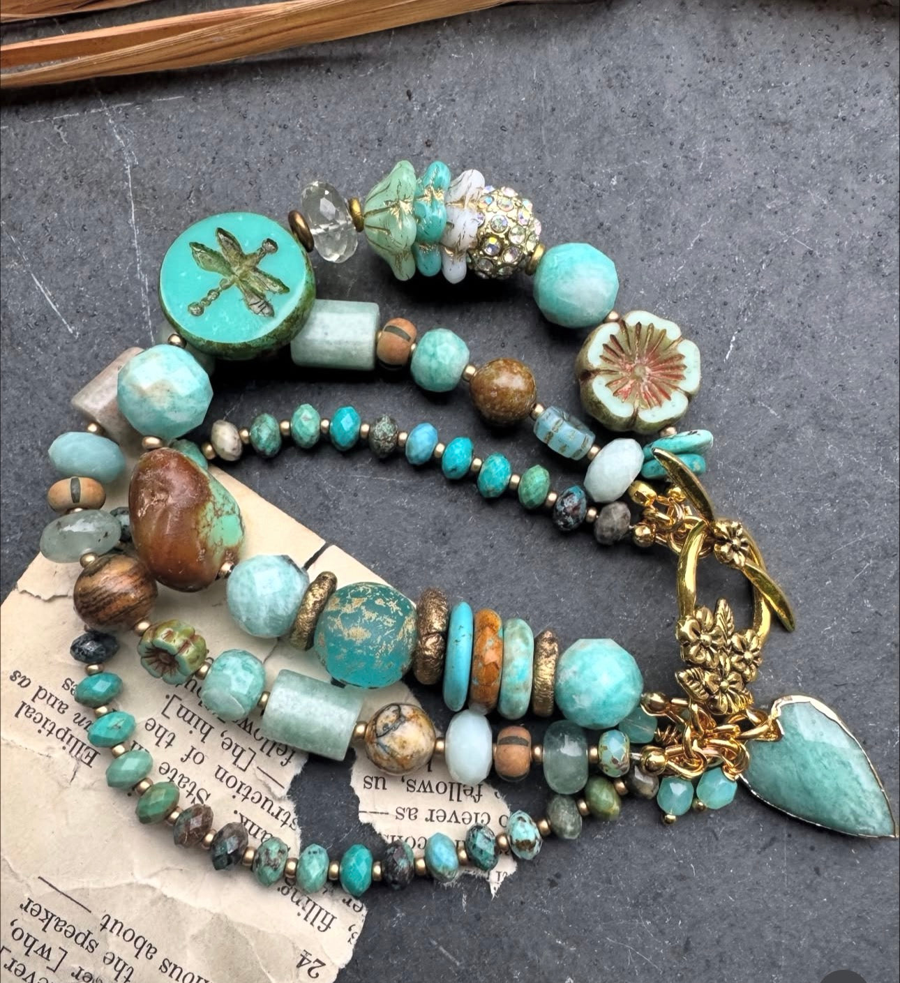 Turquoise stone, amazonite, Czech glass, rhinestone, bracelet.
