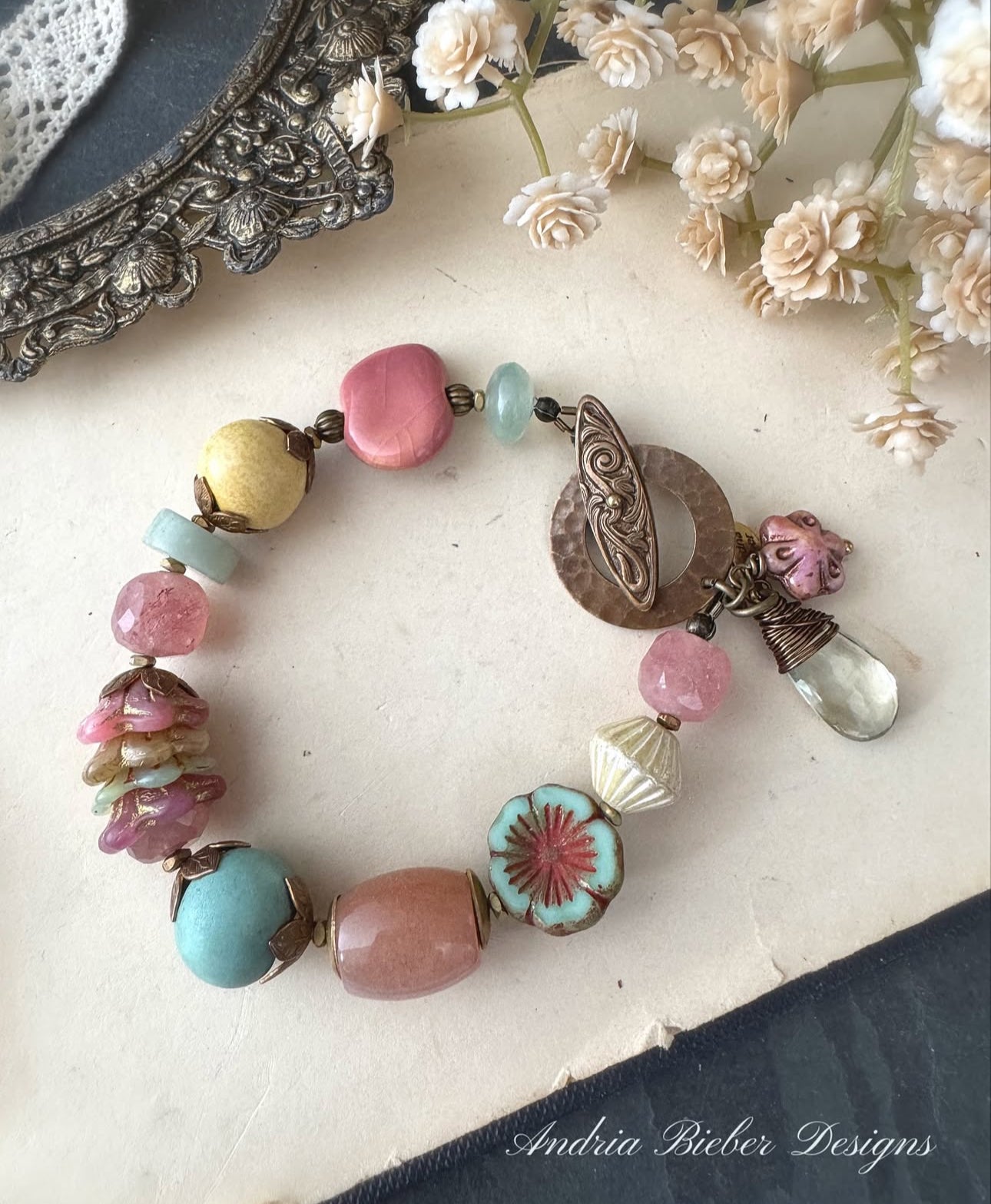 Strawberry quartz, peach moonstone,czech glass, ceramic, Amazonite stone, brass metal.