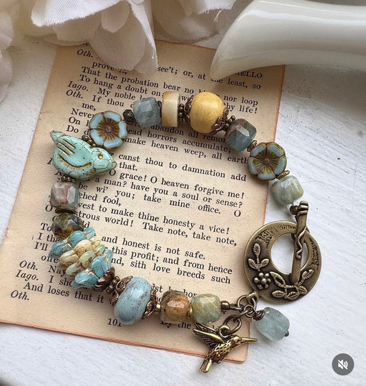 Blue bird. Mixed gemstone, ceramic beads, czech glass, bronze metal, bracelet