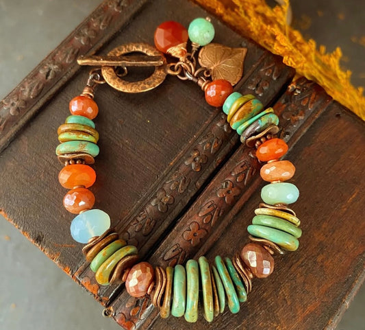 Turquoise, chrysoprase, mystic carnelian agate, copper metal, bracelet