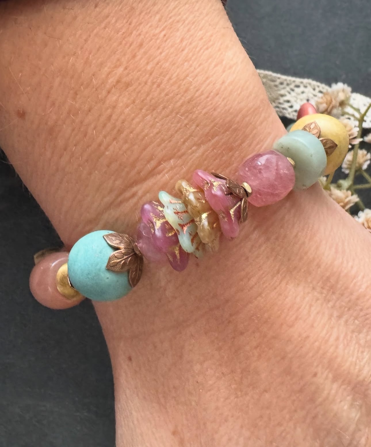 Strawberry quartz, peach moonstone,czech glass, ceramic, Amazonite stone, brass metal.