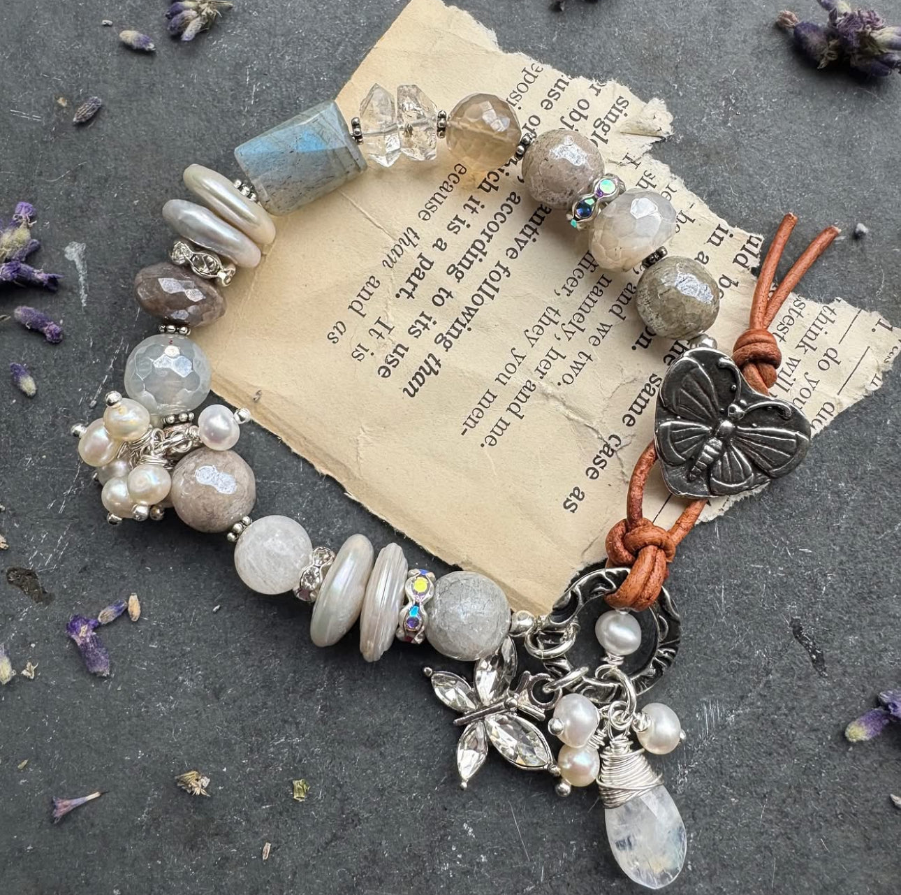 Labradorite, Herkimer diamonds, pearls, moonstone and button butterfly clasp.