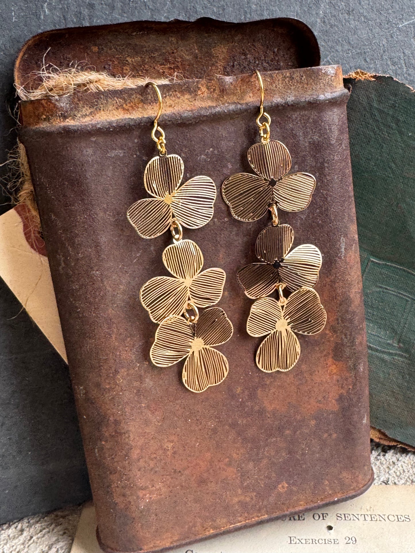 Gold leaf charm long lightweight earrings