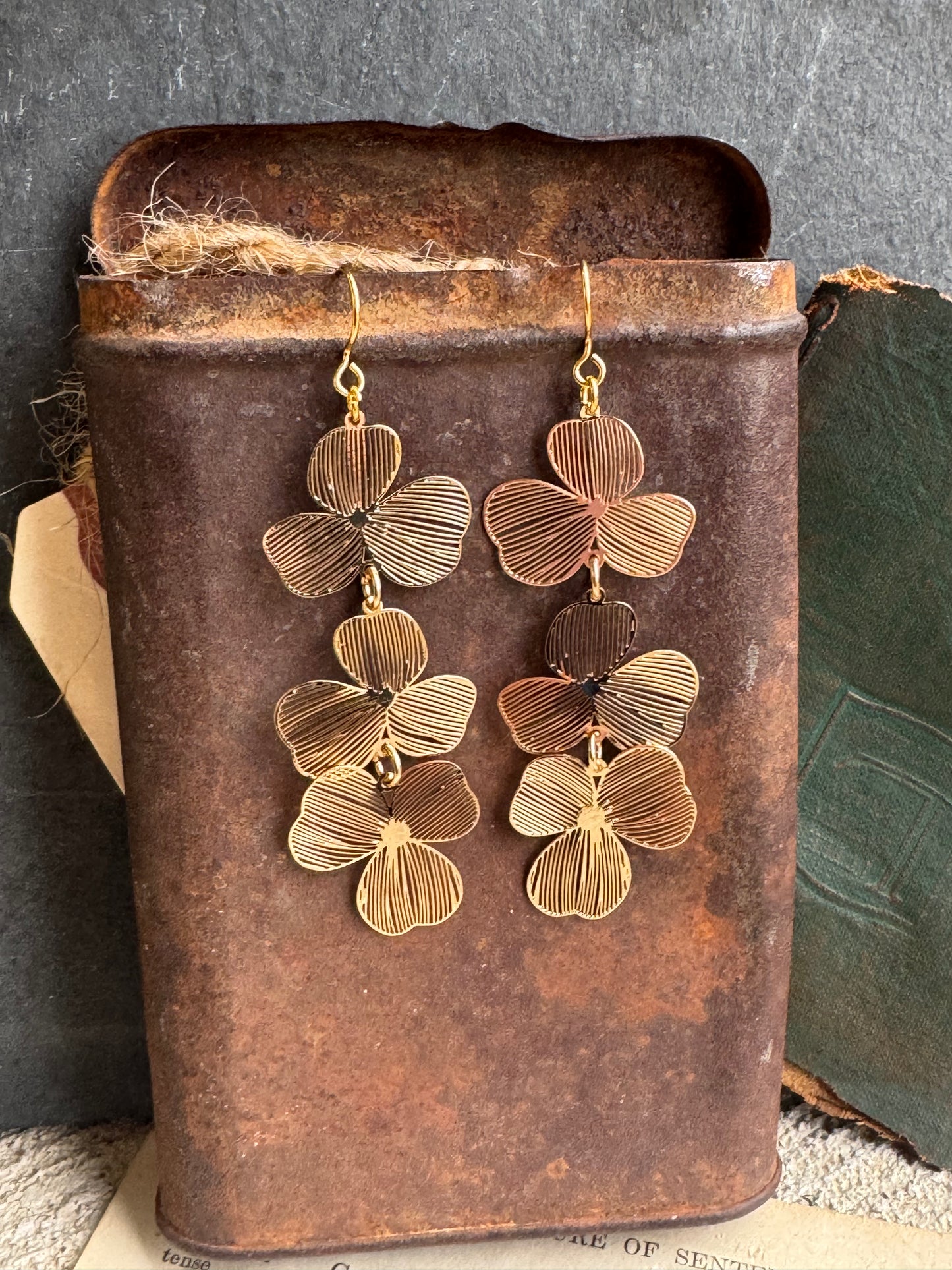 Gold leaf charm long lightweight earrings