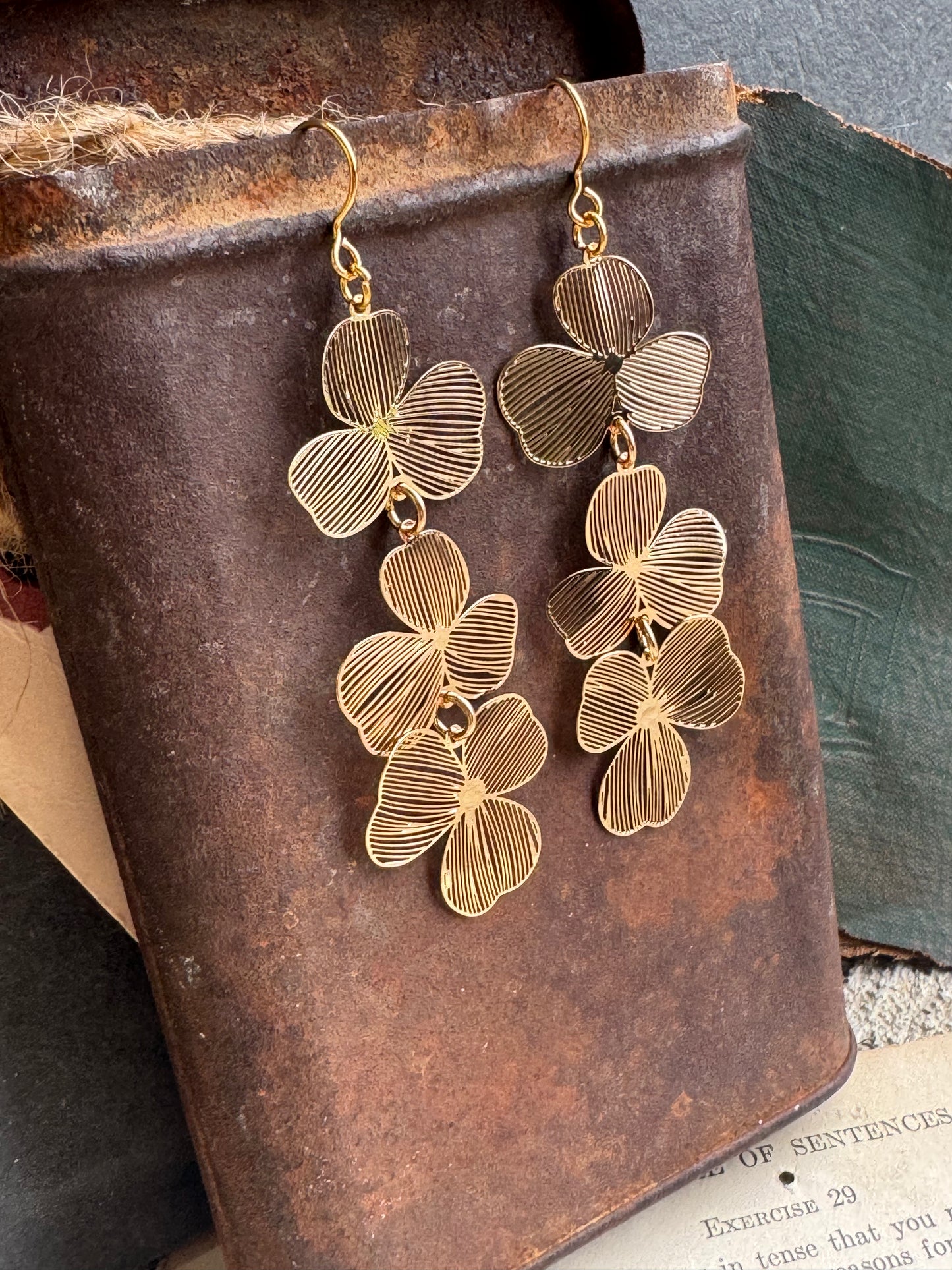 Gold leaf charm long lightweight earrings