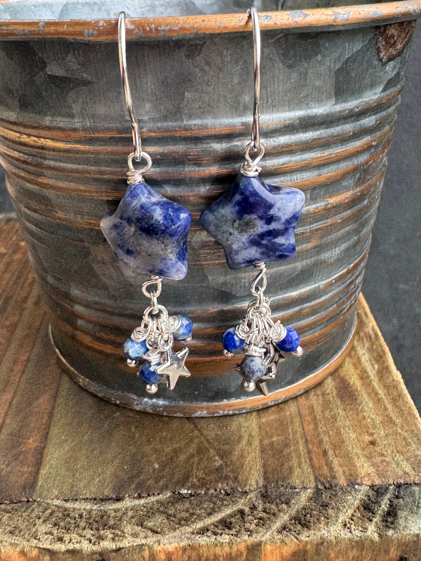 Sodalite stone stars, Lapis lazuli stone, silver metal, earrings