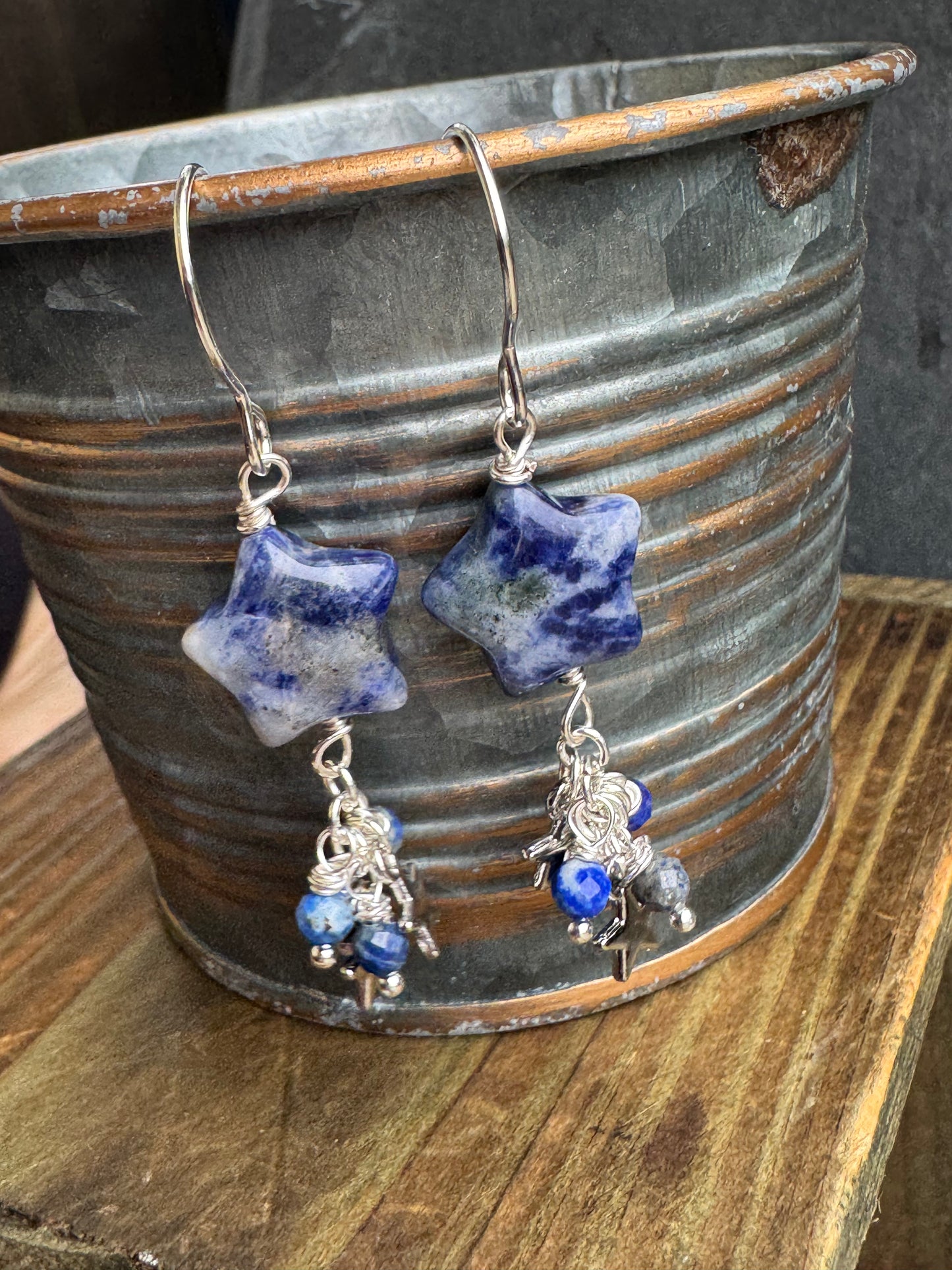 Sodalite stone stars, Lapis lazuli stone, silver metal, earrings