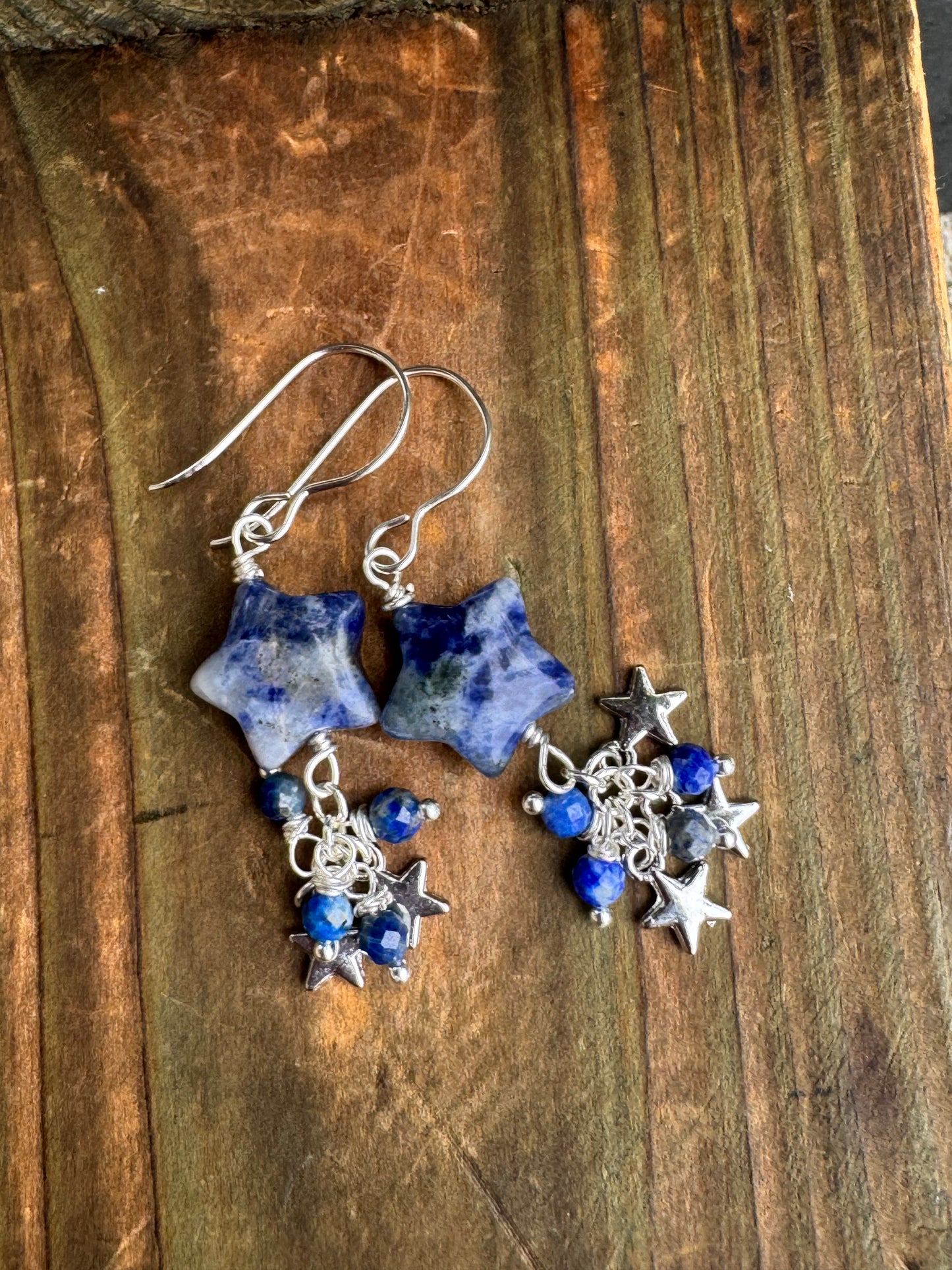 Sodalite stone stars, Lapis lazuli stone, silver metal, earrings