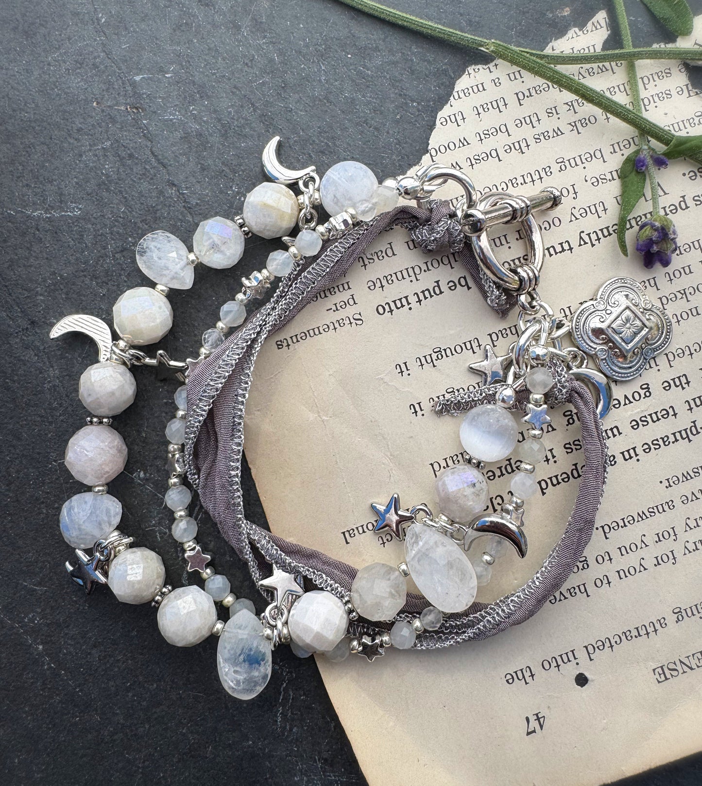 moonstone, silk ribbon, selenite stone, and silver metal, bracelet