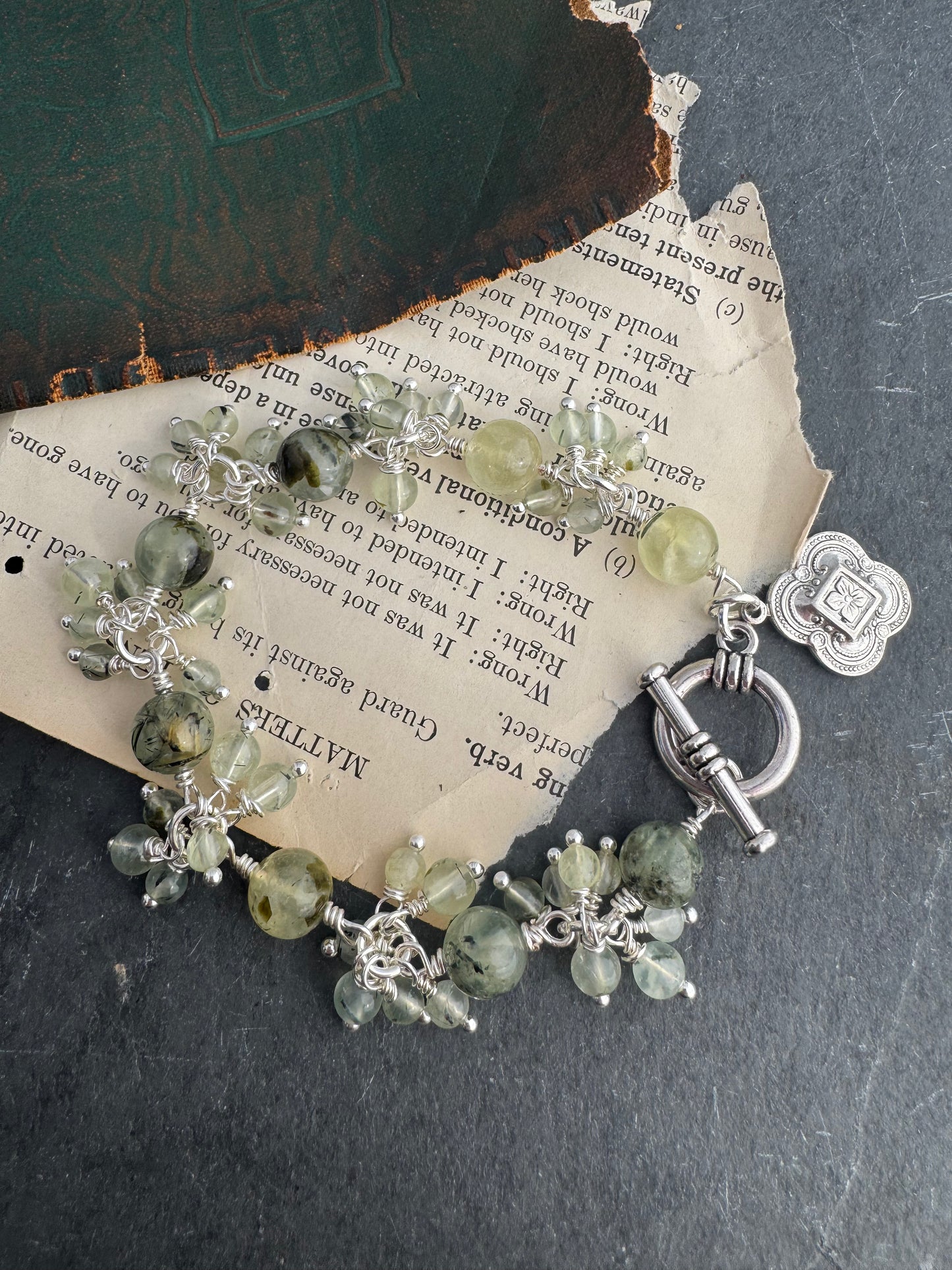 Prehnite gemstone and silver metal, bracelet.