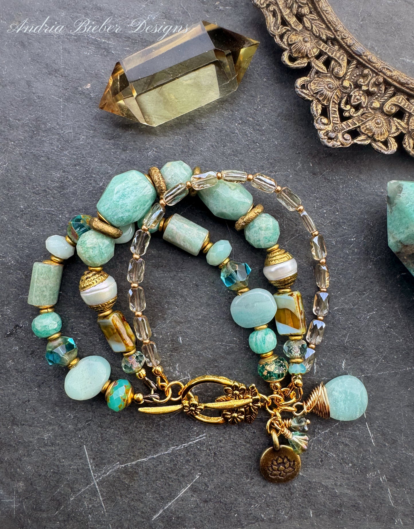 Amazonite, Czech glass, crystal, brass metal, bracelet, jewelry