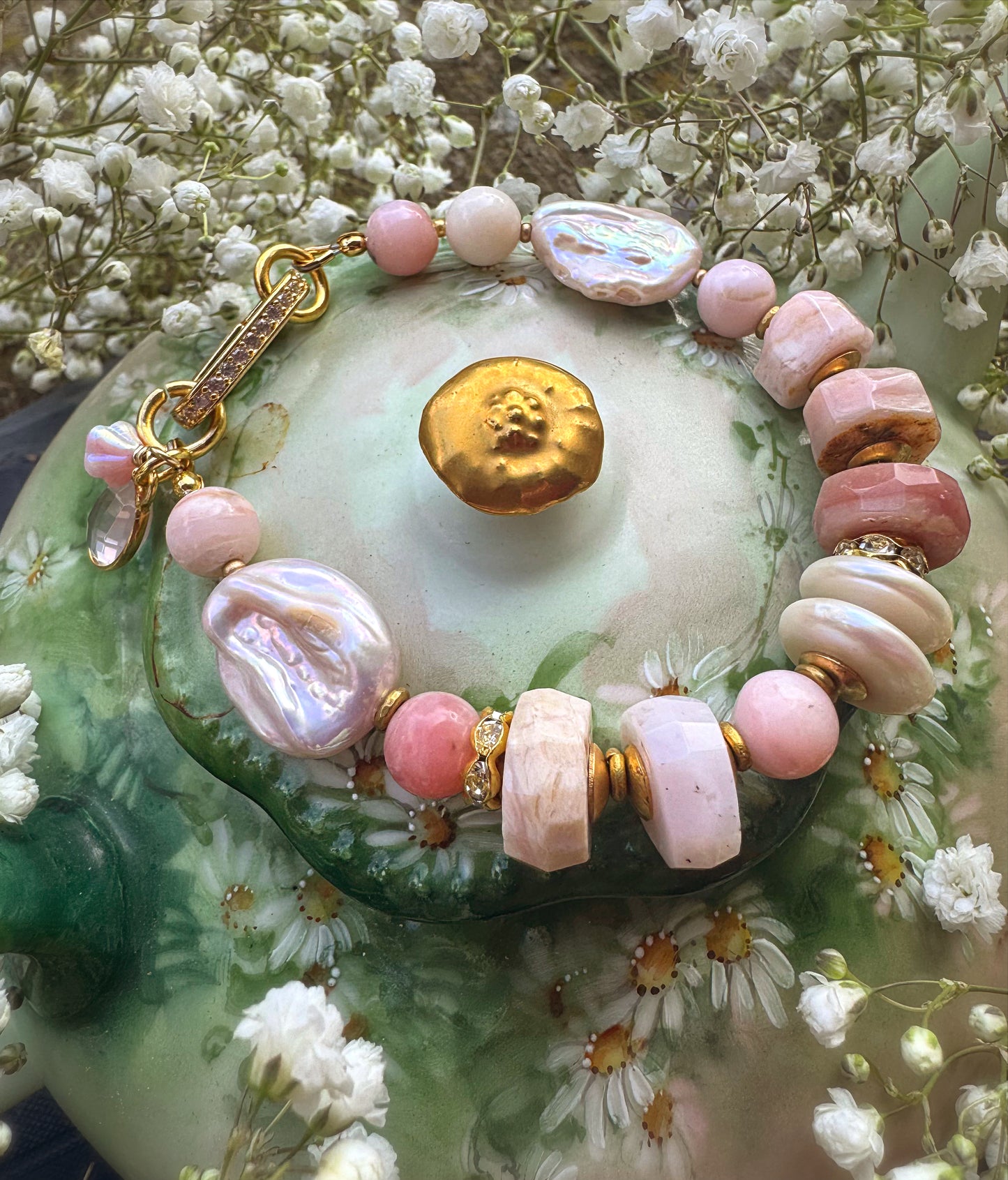 Pink opal, rose quartz, pearls, rhinestone clasp, bracelet.