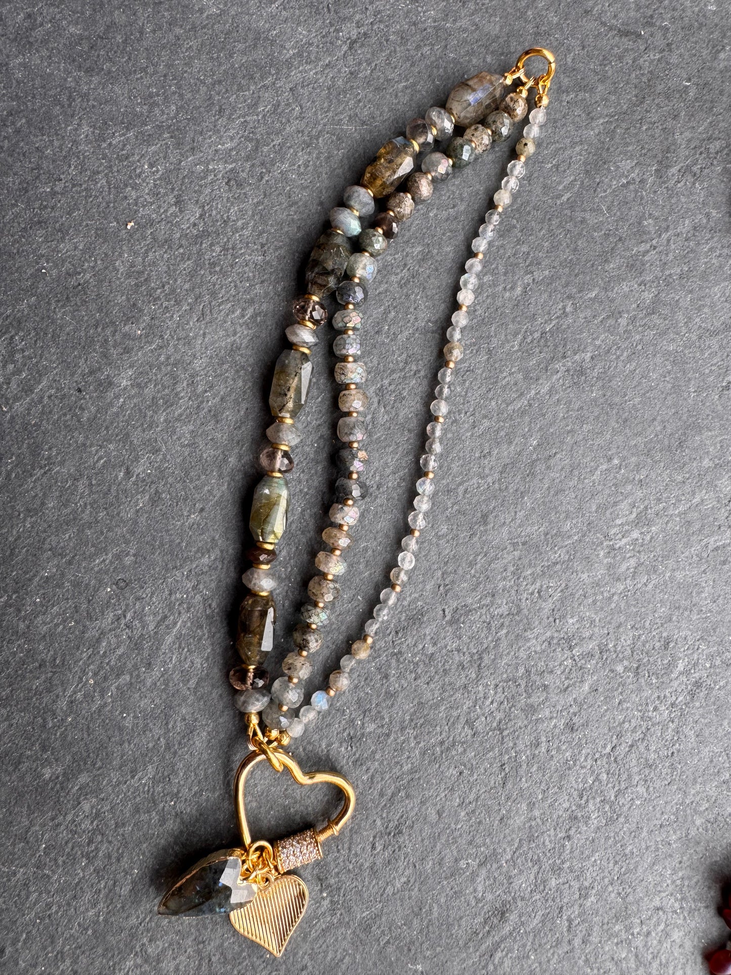 Labradorite faceted stone, rhinestone heart clasp, multi strand, charm, bracelet.