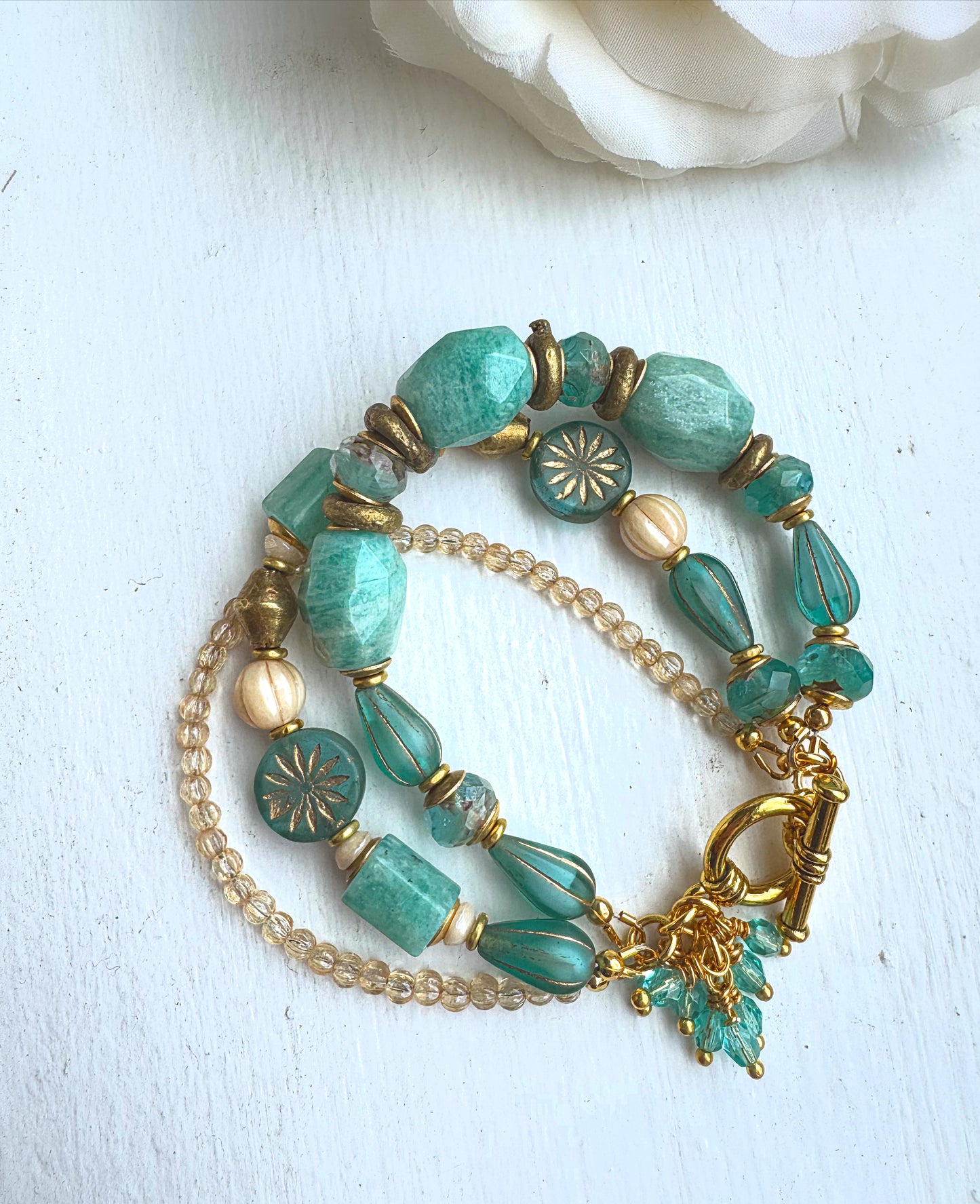 Amazonite, Czech glass, bronze metal, bracelet, jewelry