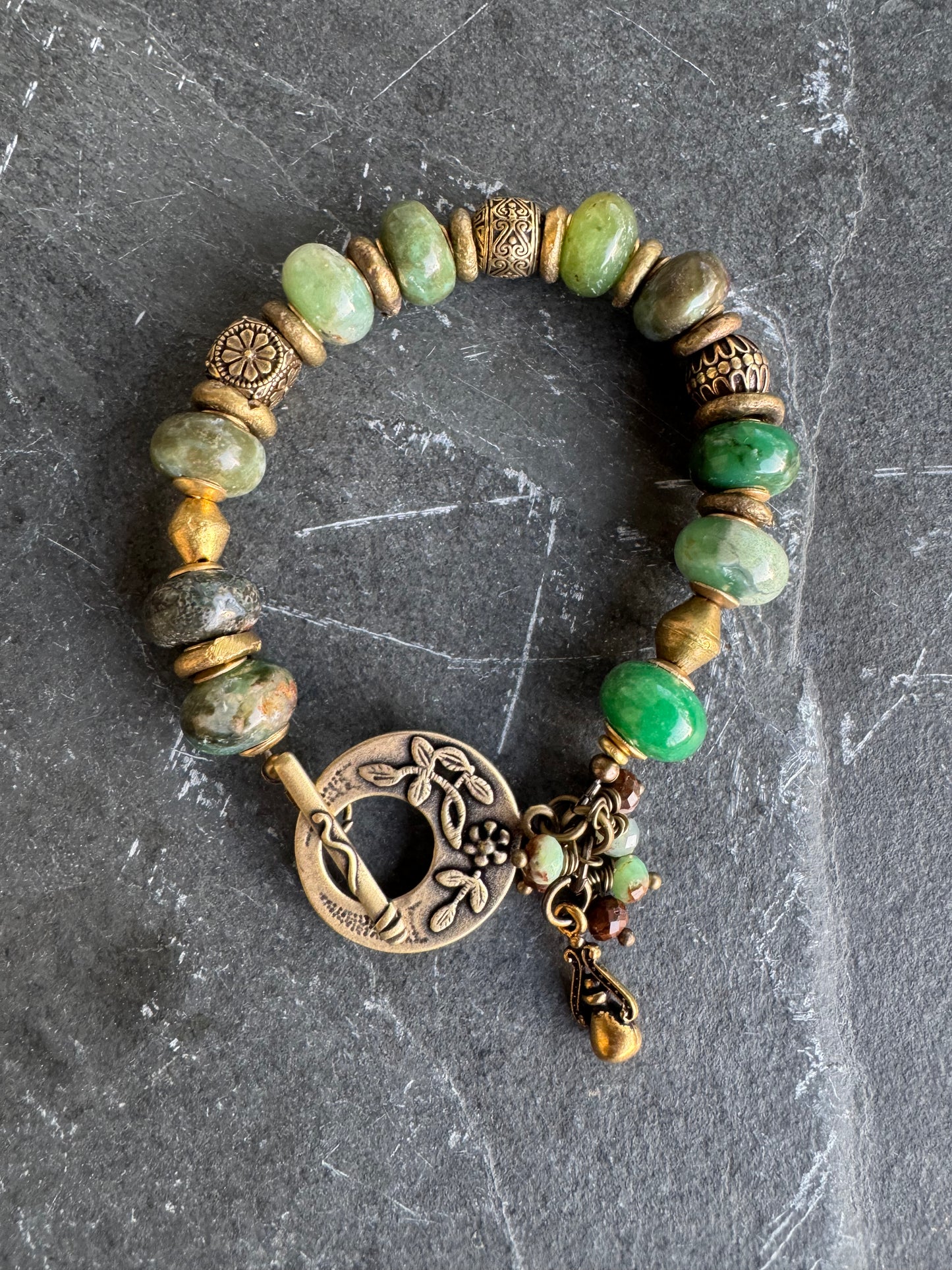 chrysoprase stone, African brass, bracelet.