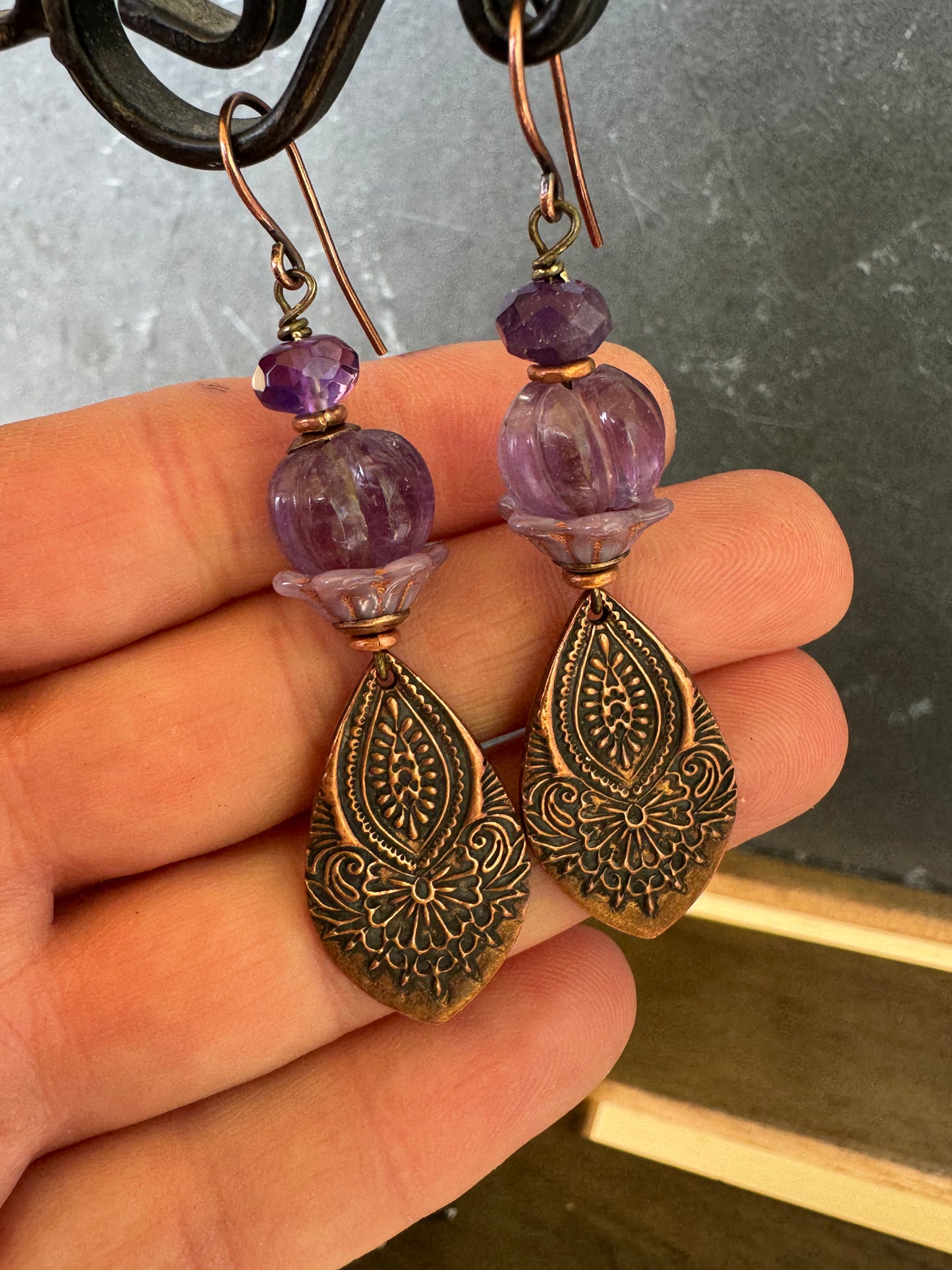 Handmade copper detailed charms, amethyst stone, czech glass, copper earrings
