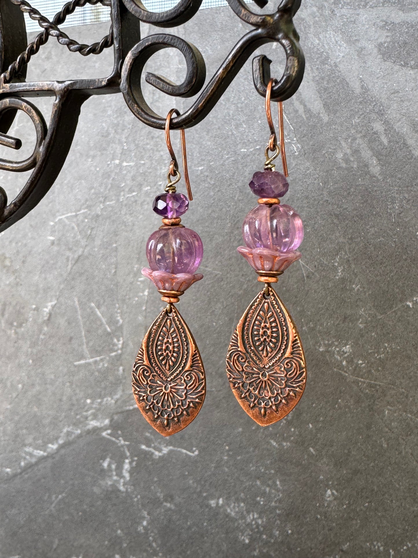 Handmade copper detailed charms, amethyst stone, czech glass, copper earrings