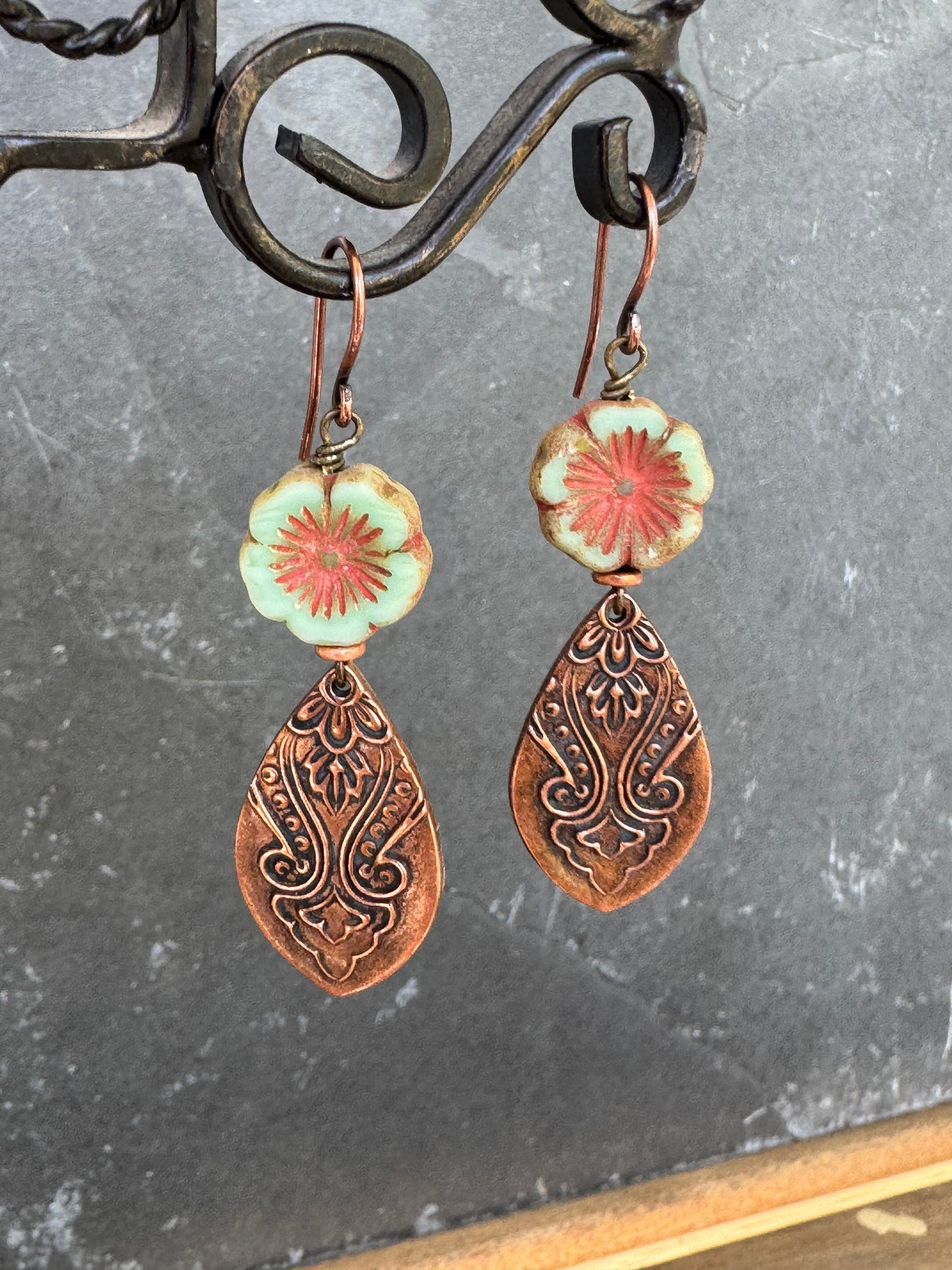 Handmade copper detailed charms, czech glass flowers, copper earrings