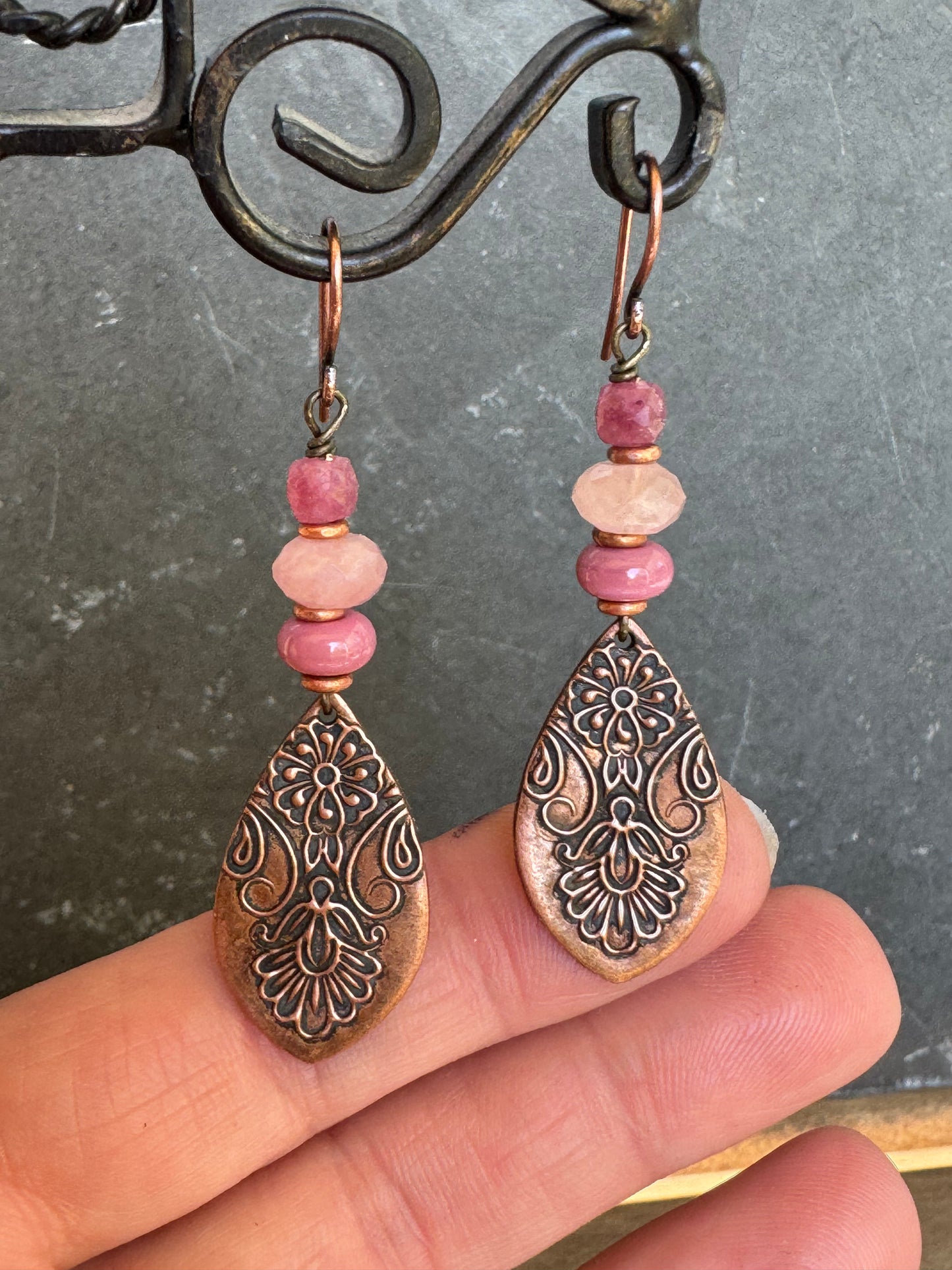 Handmade copper detailed charms, pink stone, glass, copper earrings