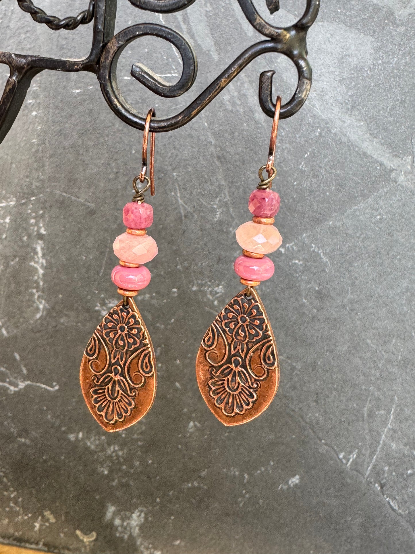 Handmade copper detailed charms, pink stone, glass, copper earrings