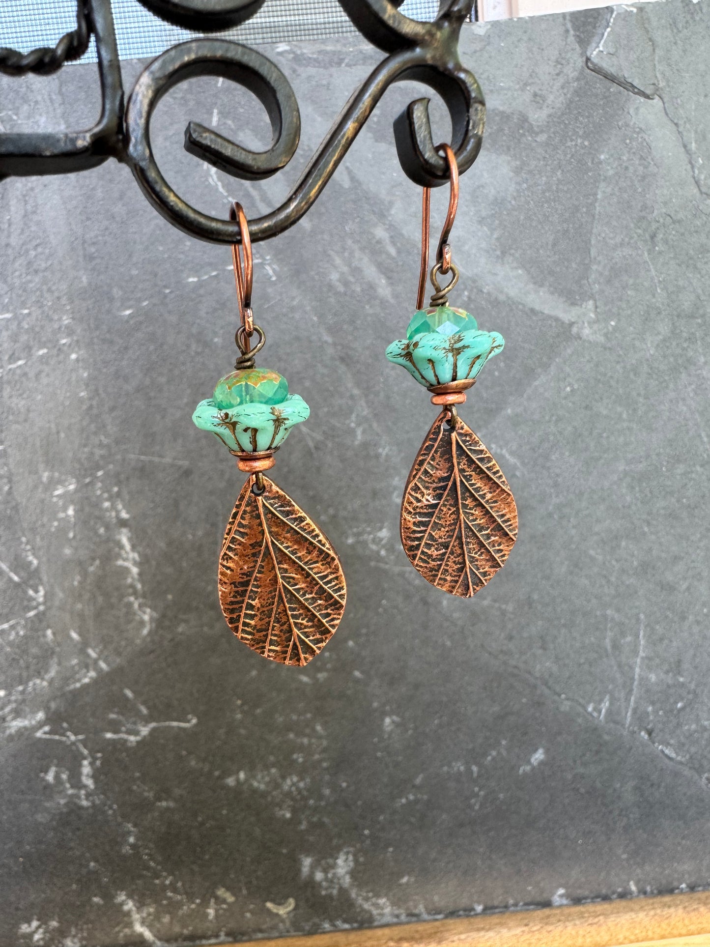 Handmade copper detailed charms, teal Czech glass, copper earrings