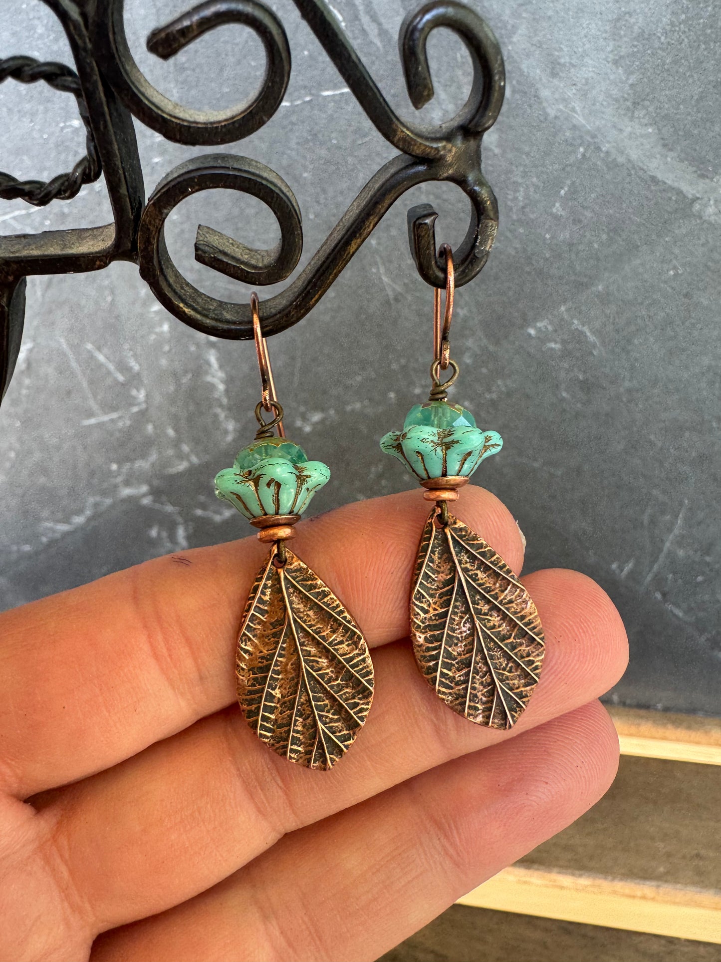 Handmade copper detailed charms, teal Czech glass, copper earrings