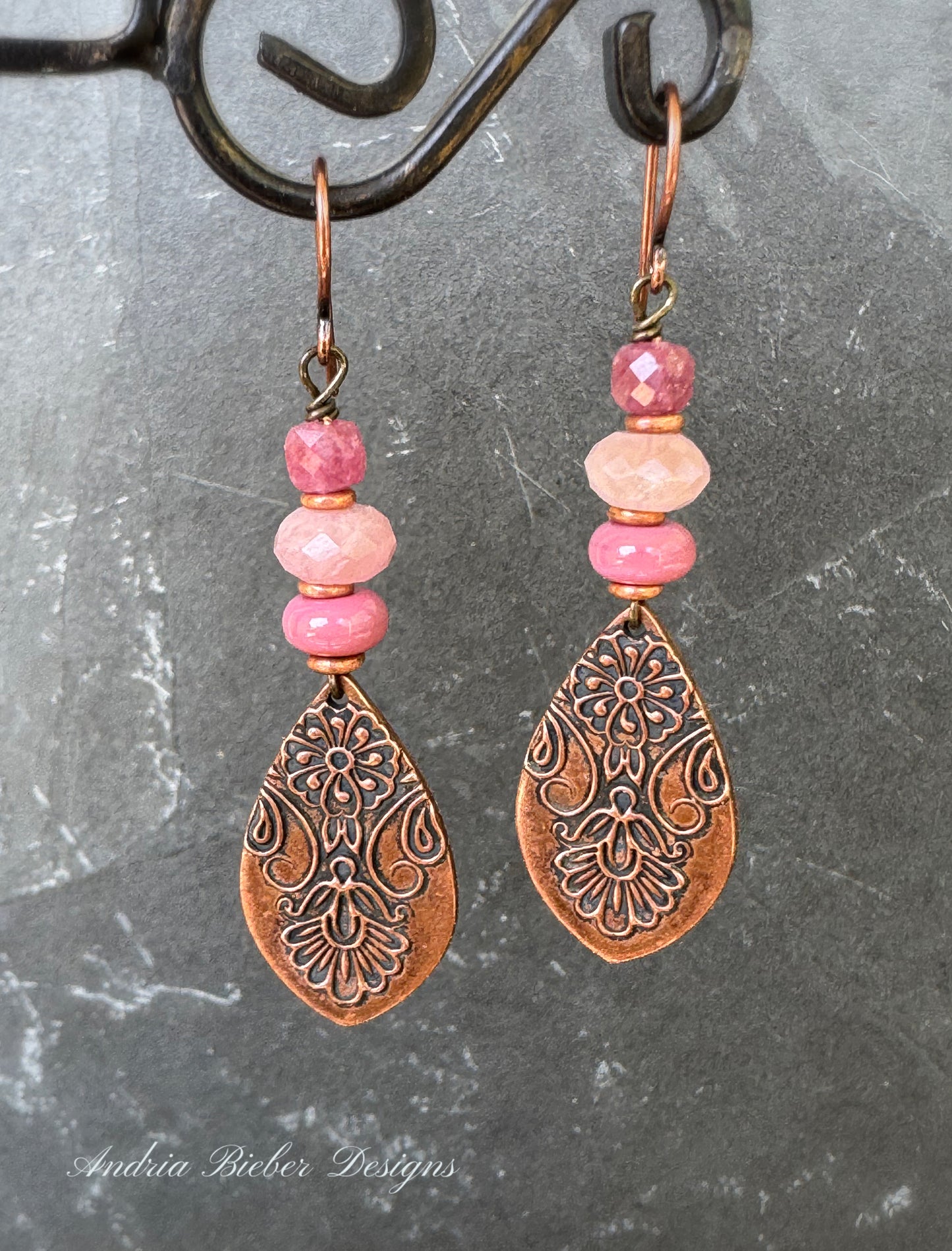 Handmade copper detailed charms, pink stone, glass, copper earrings