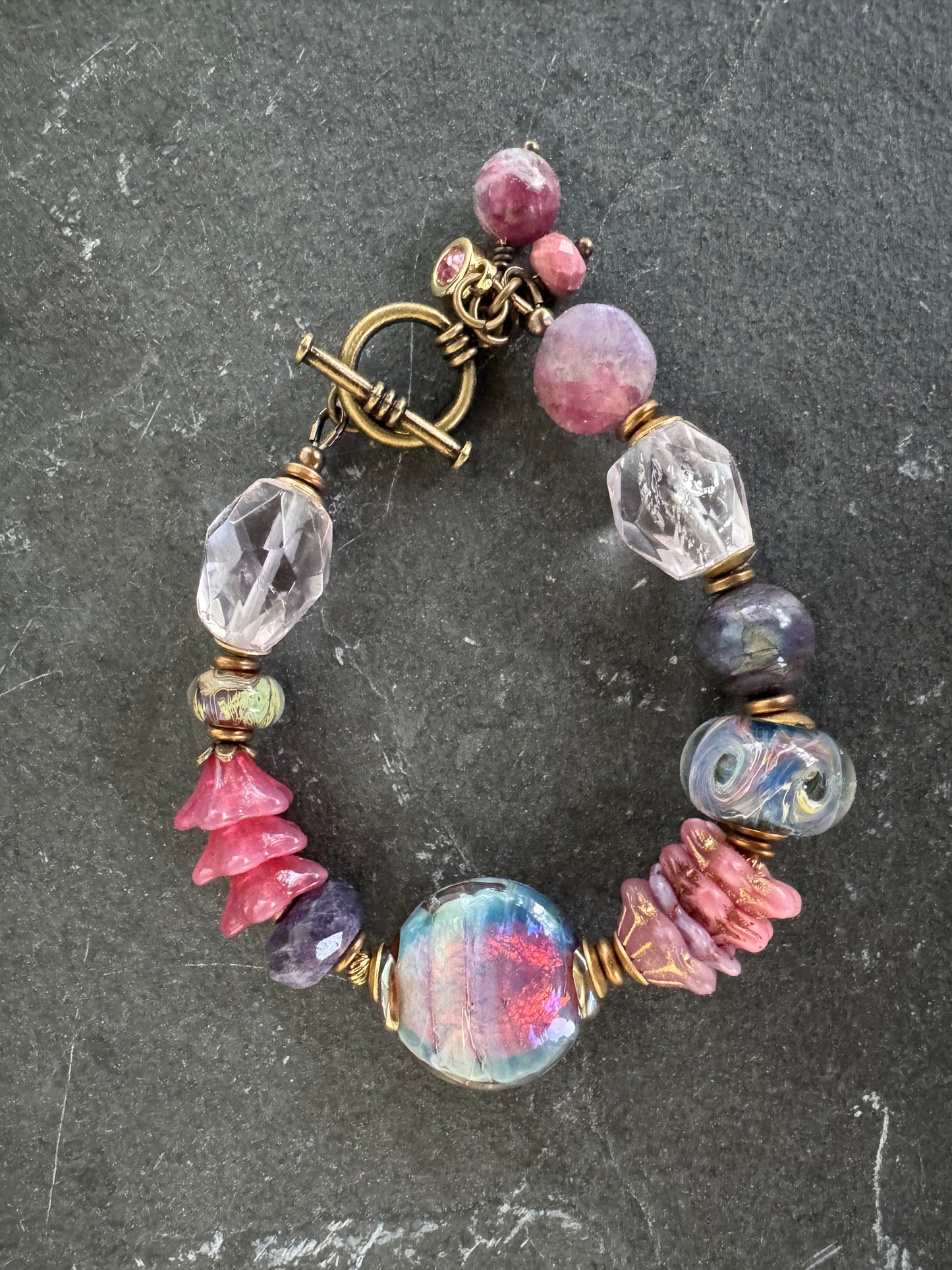 Amethyst stone, purple labradorite, czech glass, African brass, bracelet.