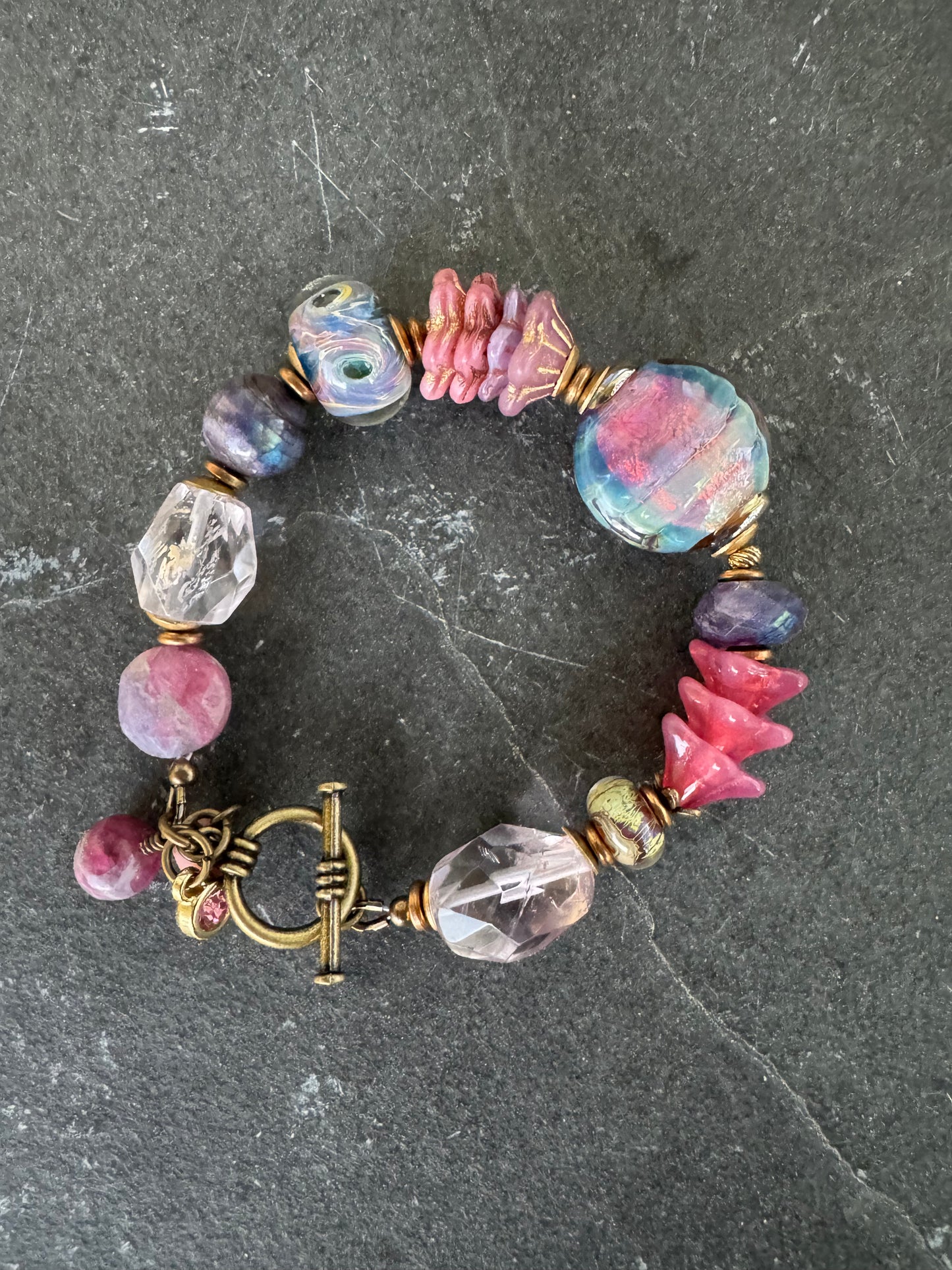 Amethyst stone, purple labradorite, czech glass, African brass, bracelet.