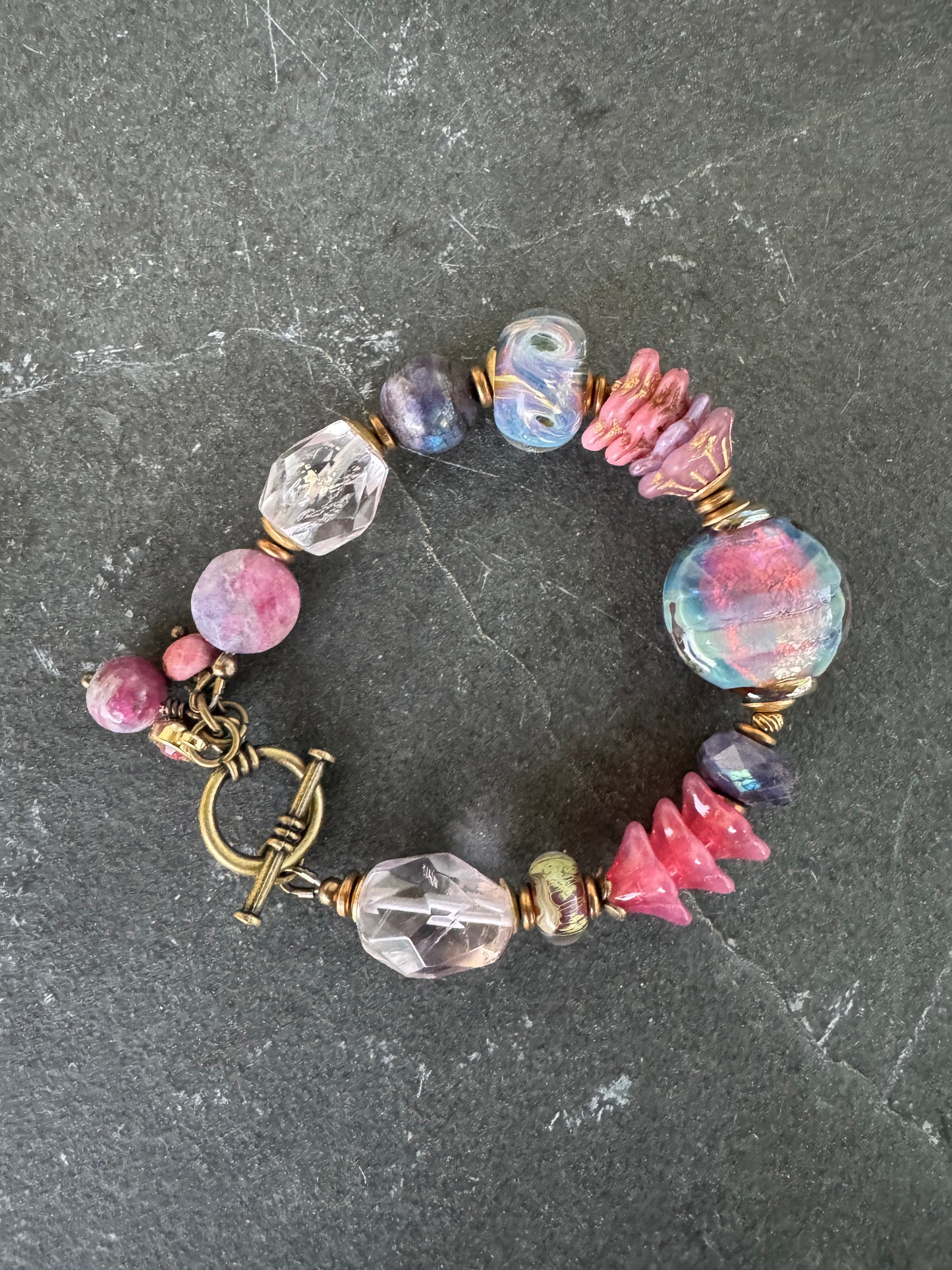 Amethyst stone, purple labradorite, czech glass, African brass, bracelet.