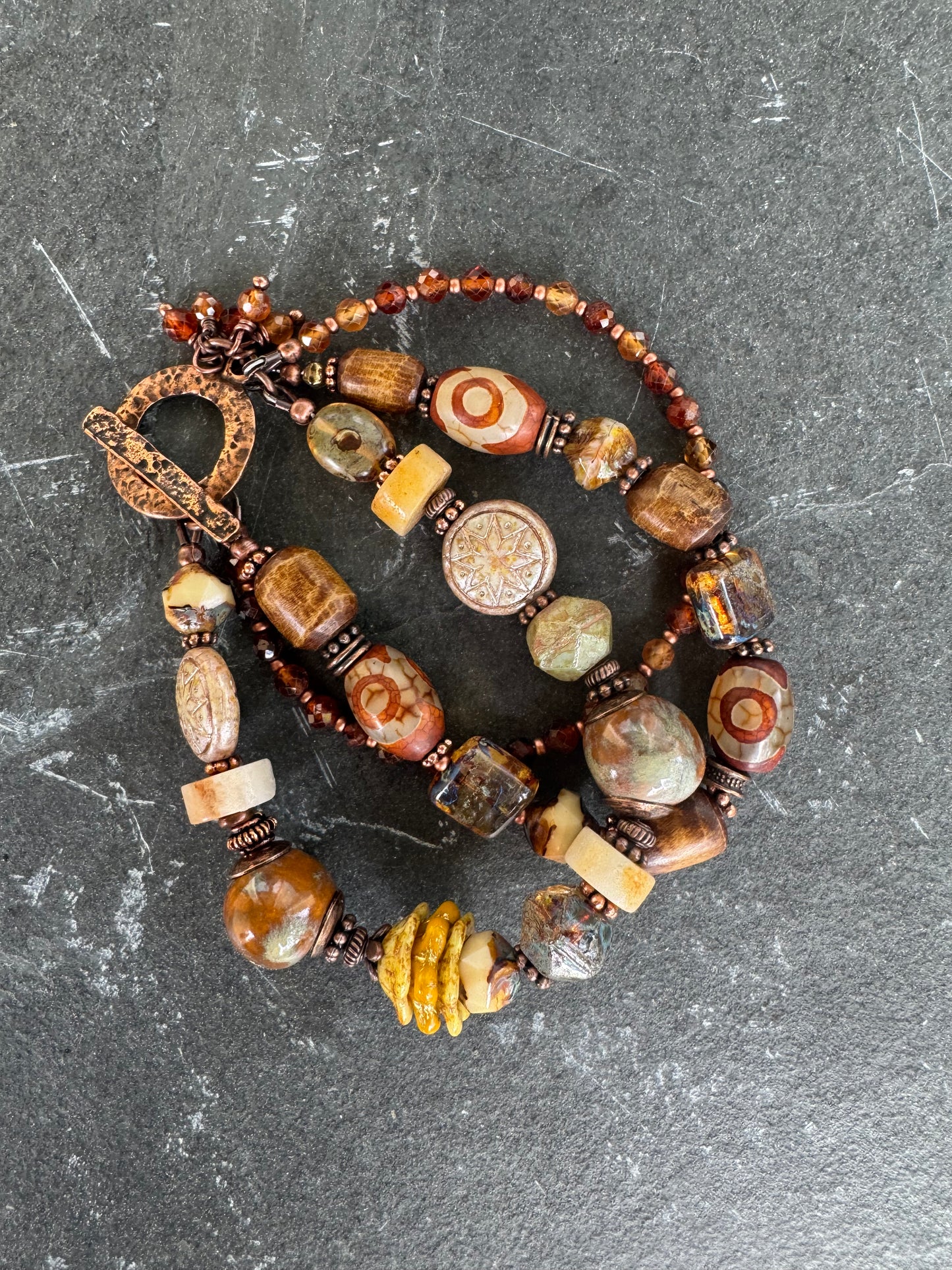 Garnet, Czech glass, ceramic, Amazonite, agate, copper metal, bracelet.