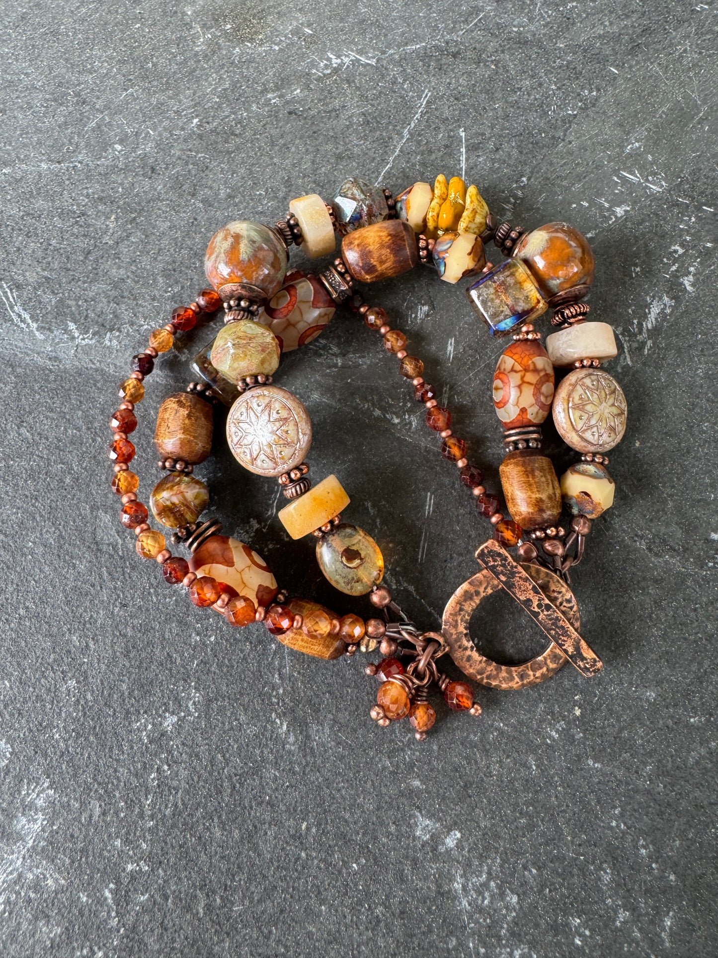 Garnet, Czech glass, ceramic, Amazonite, agate, copper metal, bracelet.