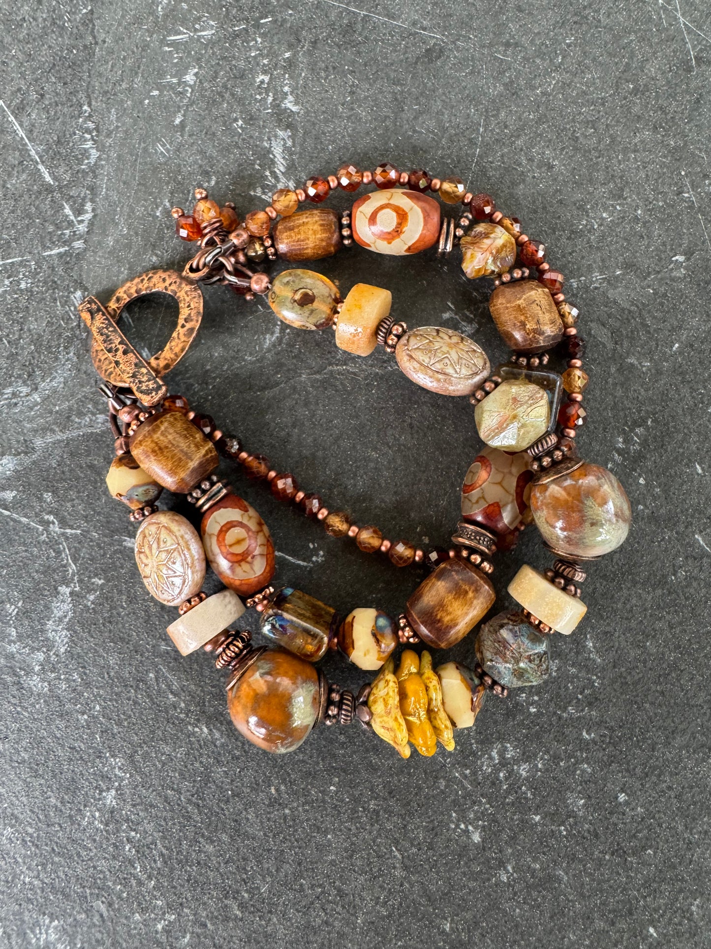 Garnet, Czech glass, ceramic, Amazonite, agate, copper metal, bracelet.