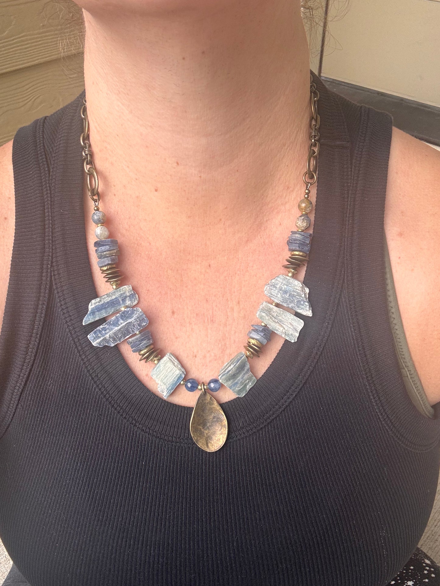 Blue kyanite gemstone, African brass, bronze metal, necklace