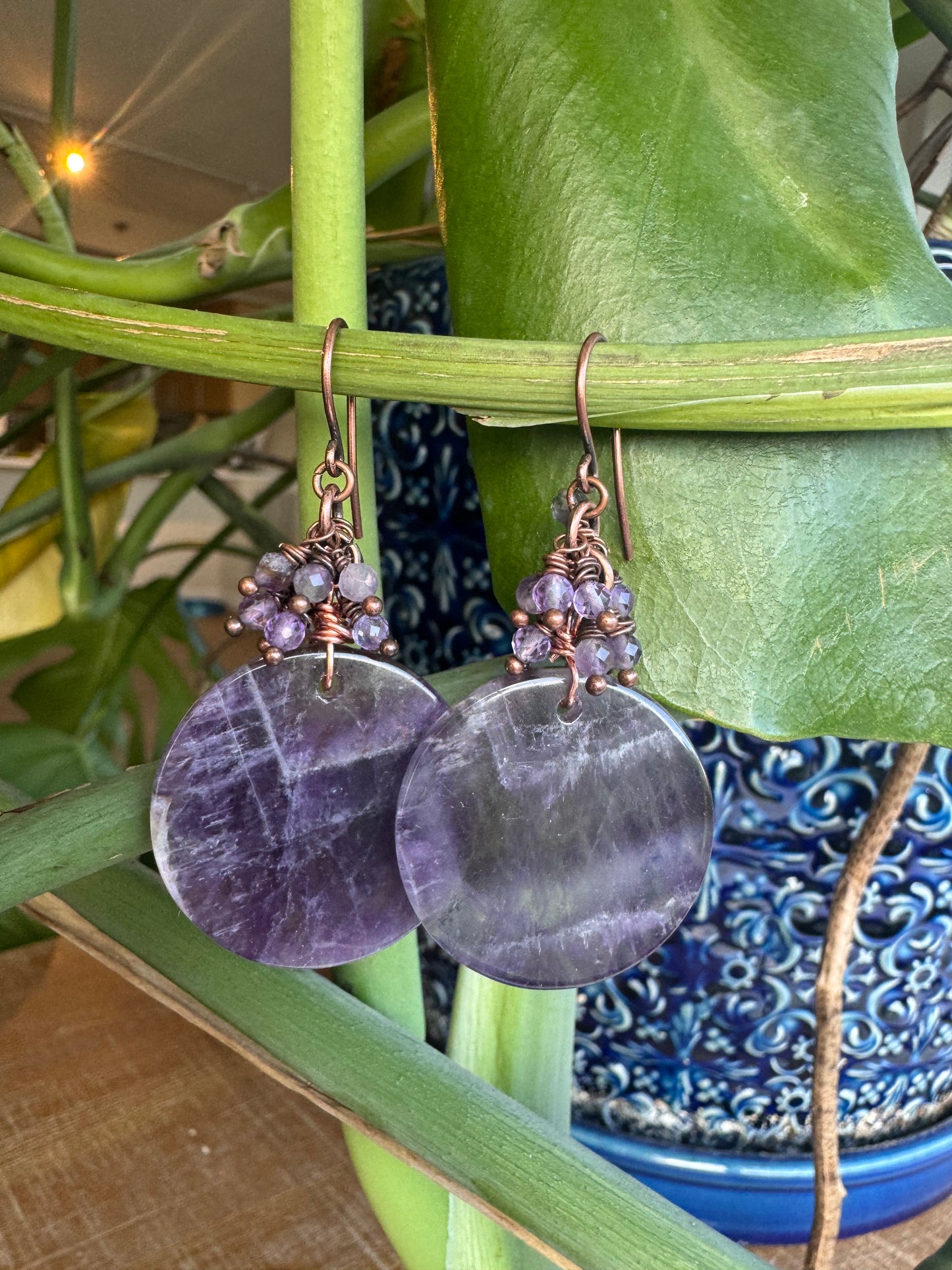 Amethyst stone, copper metal earrings, jewelry.