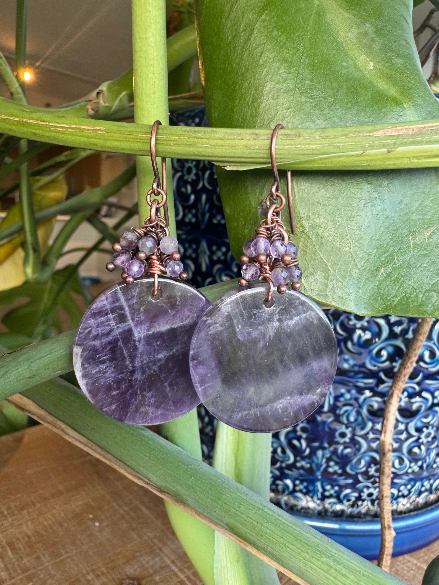 Amethyst stone, copper metal earrings, jewelry.