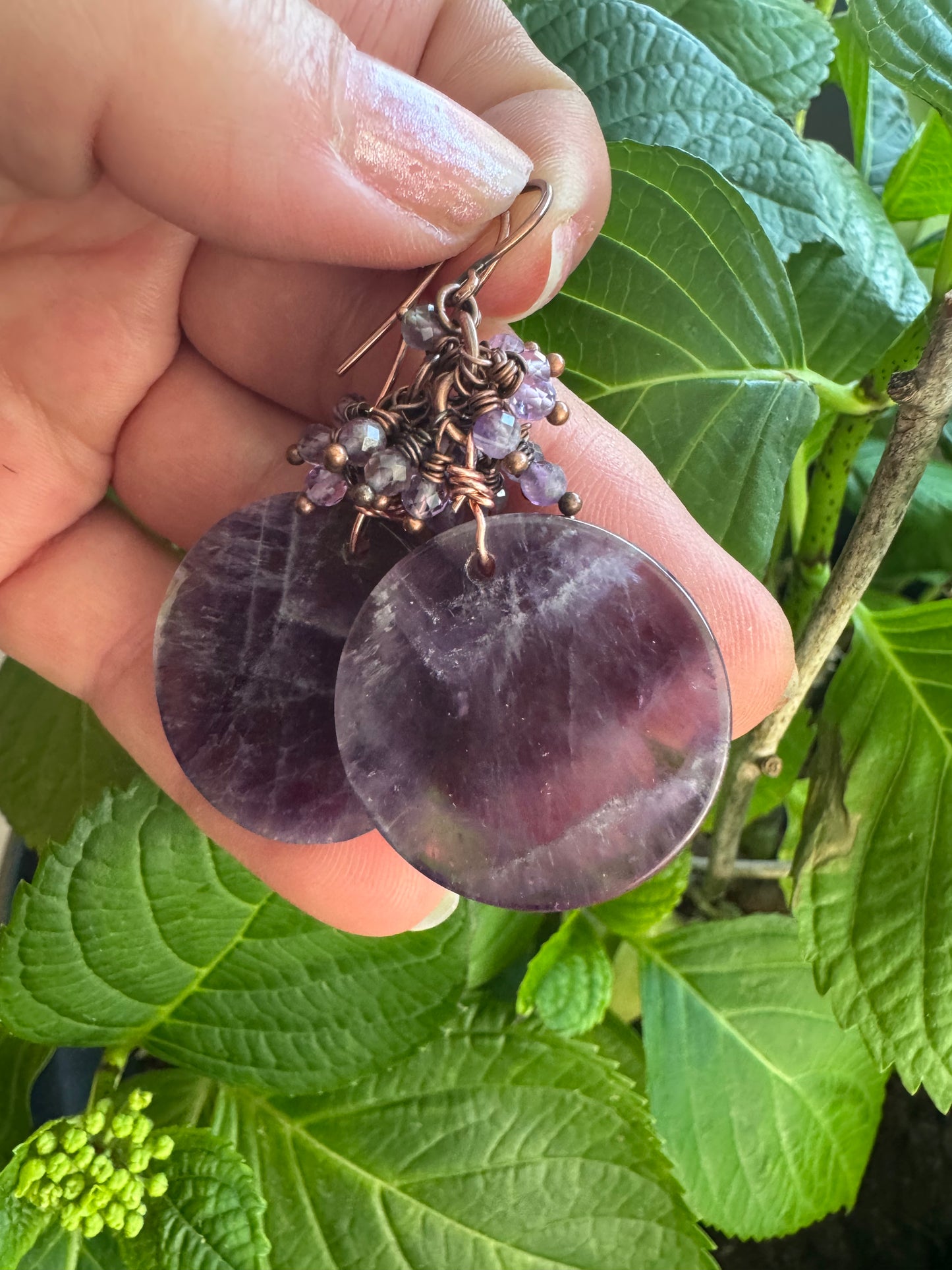 Amethyst stone, copper metal earrings, jewelry.