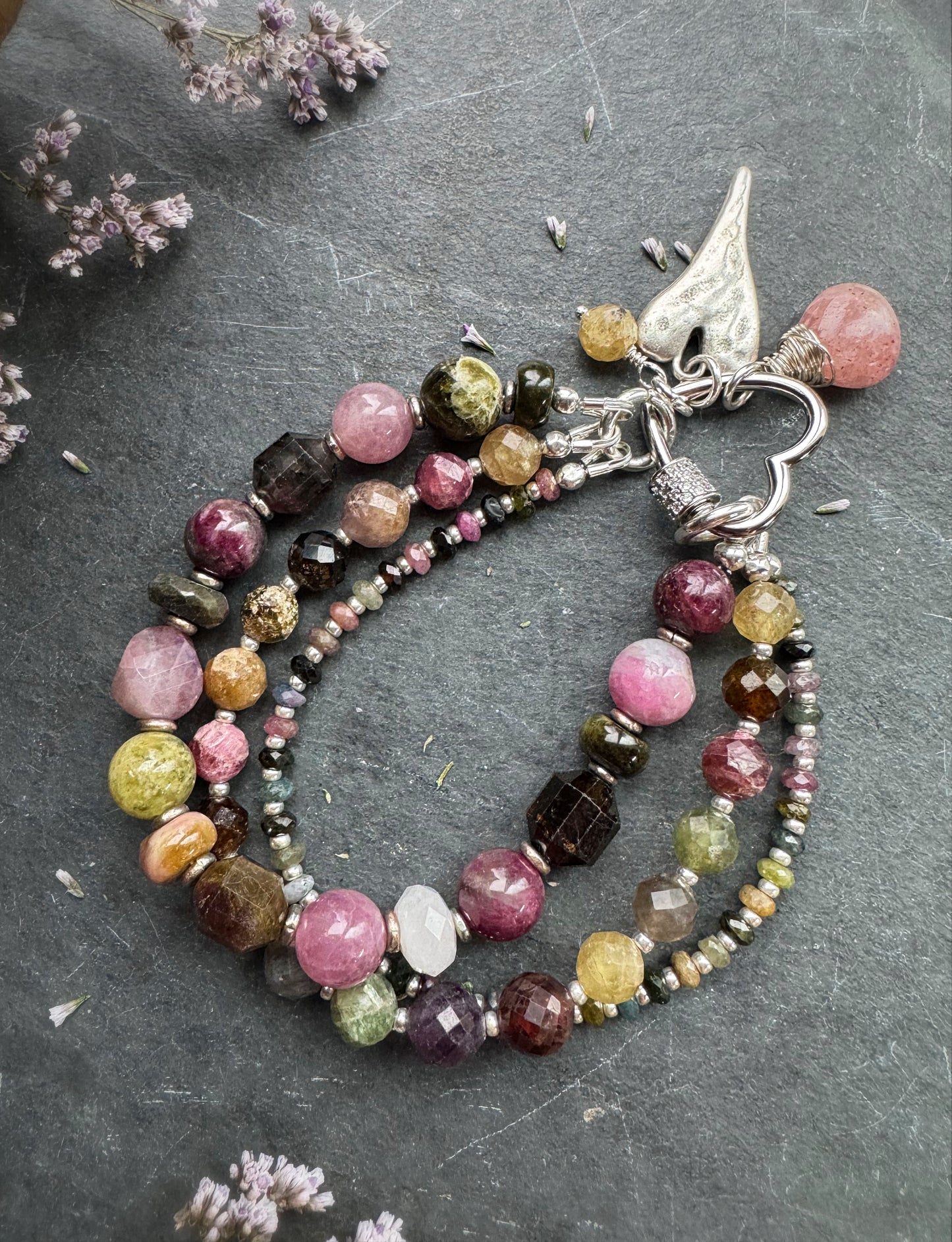 Watermelon tourmaline stone, rose quartz, pink tourmaline, strawberry quartz, heart twist rhinestone clasp.