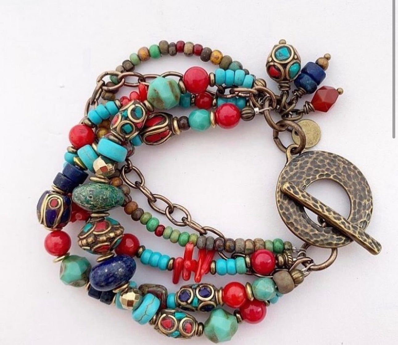 Lapis, Indonesian beads, coral, czech glass,brass, bracelet. MTO.