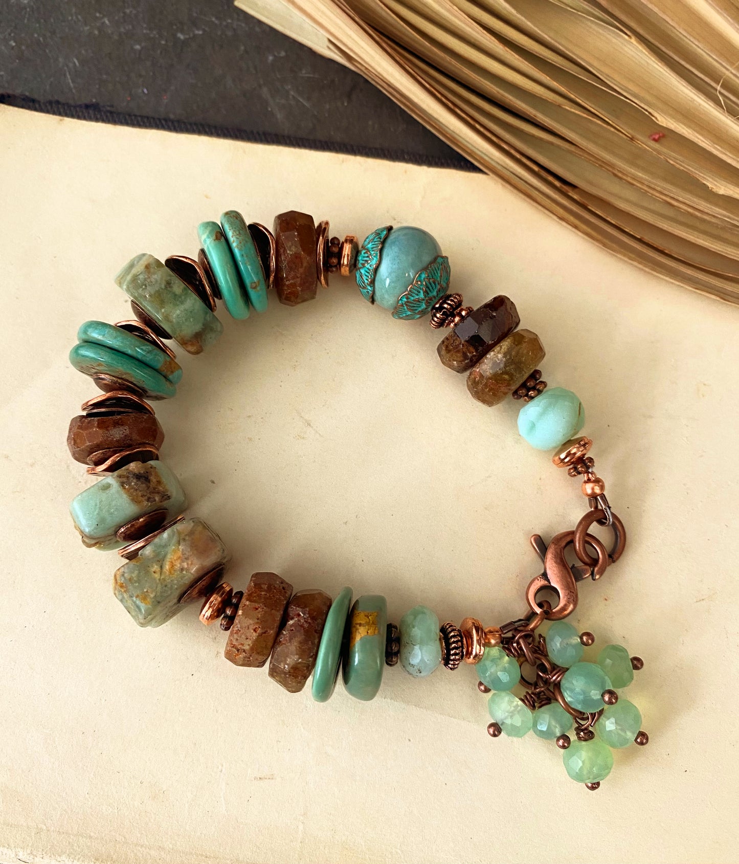 Green chunky and copper metal, bracelet. With turquoise, chrysoprase, green garnet, ceramic bead and patina findings.