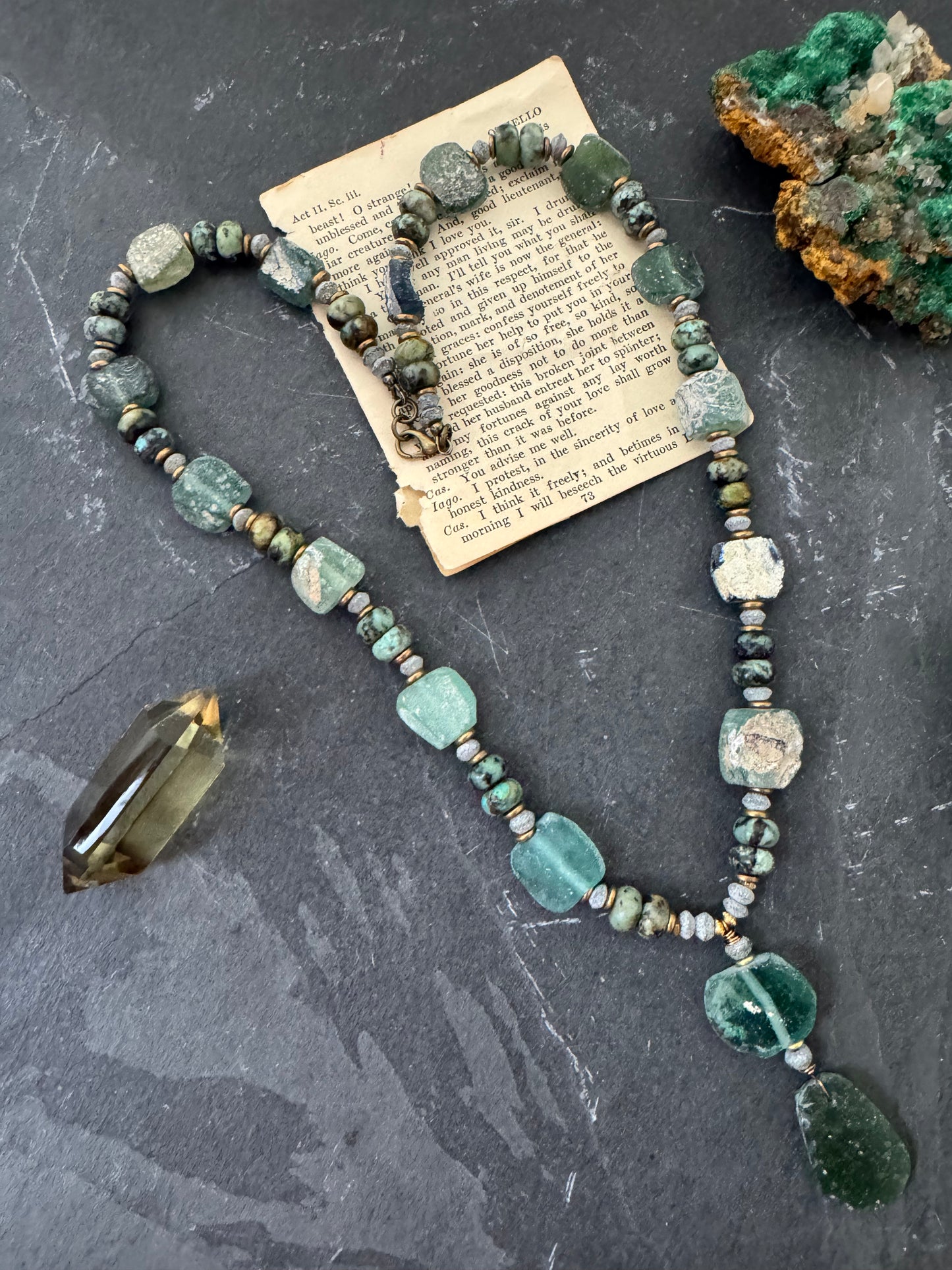 Roman glass, turquoise, african brass, necklace, jewelry