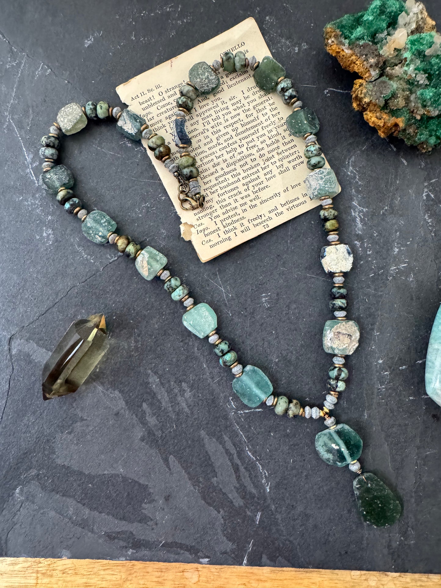 Roman glass, turquoise, african brass, necklace, jewelry