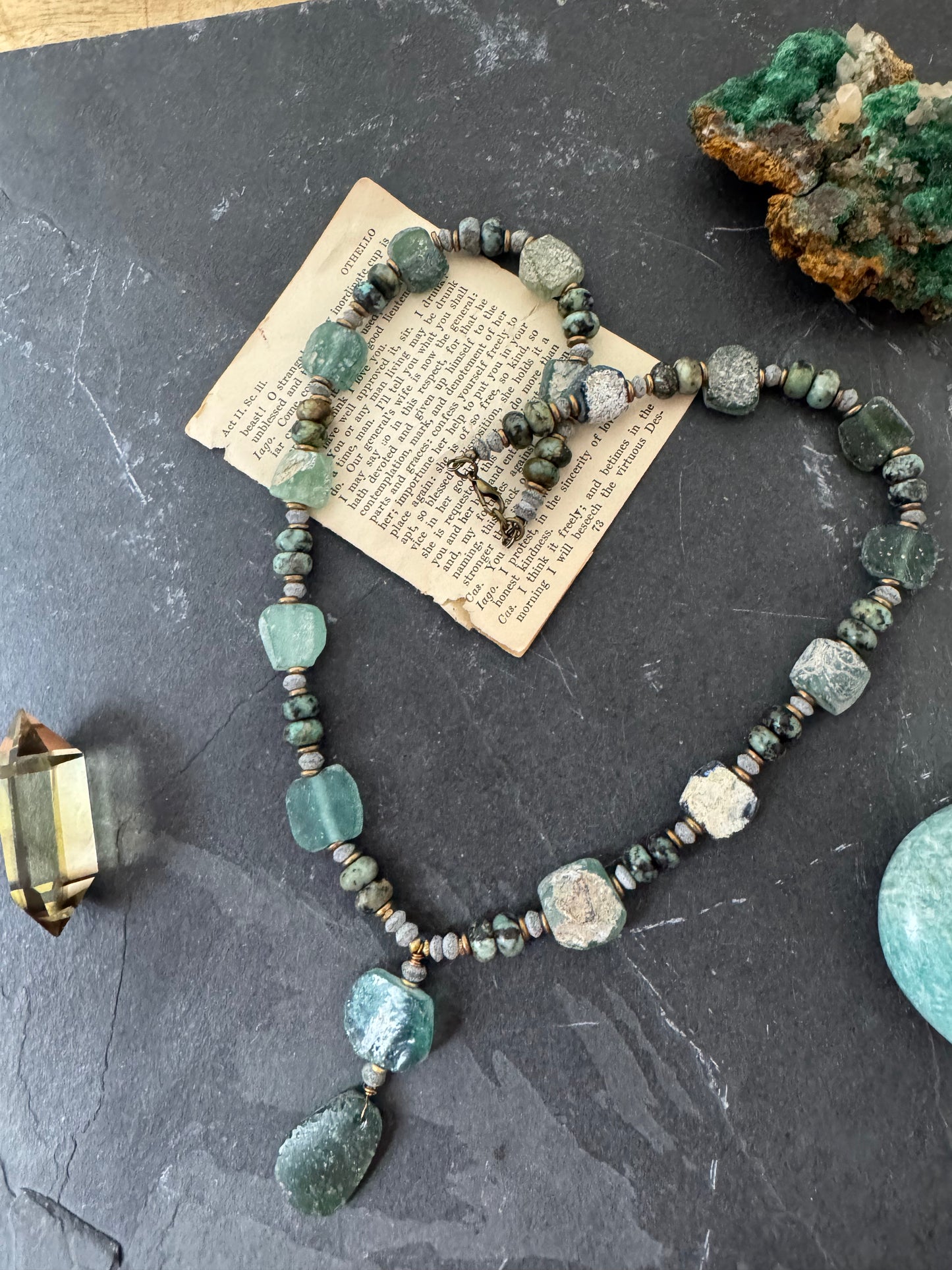 Roman glass, turquoise, african brass, necklace, jewelry