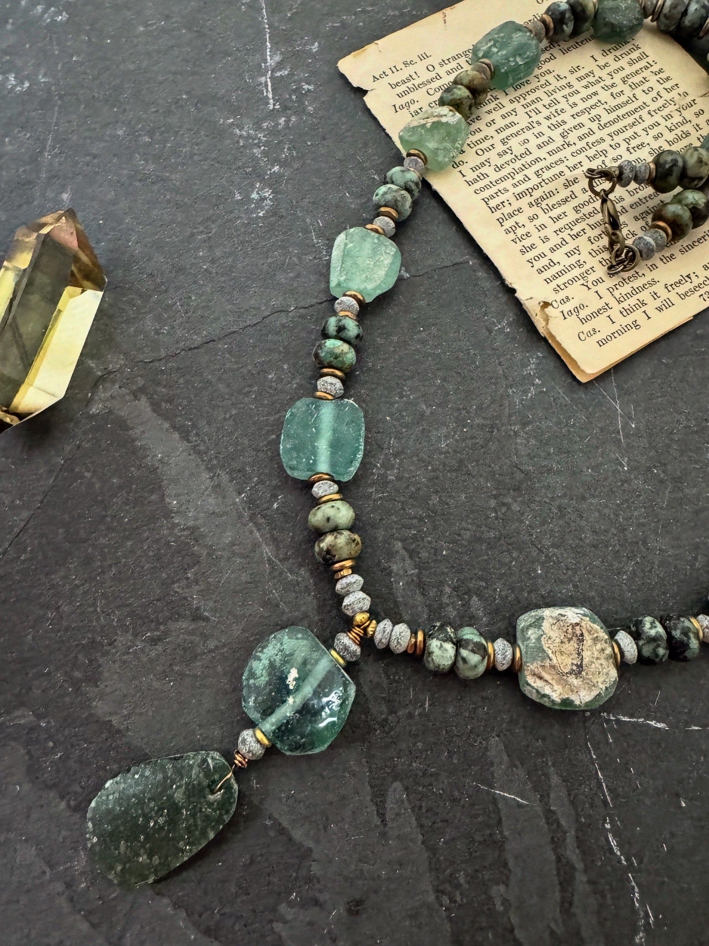 Roman glass, turquoise, african brass, necklace, jewelry