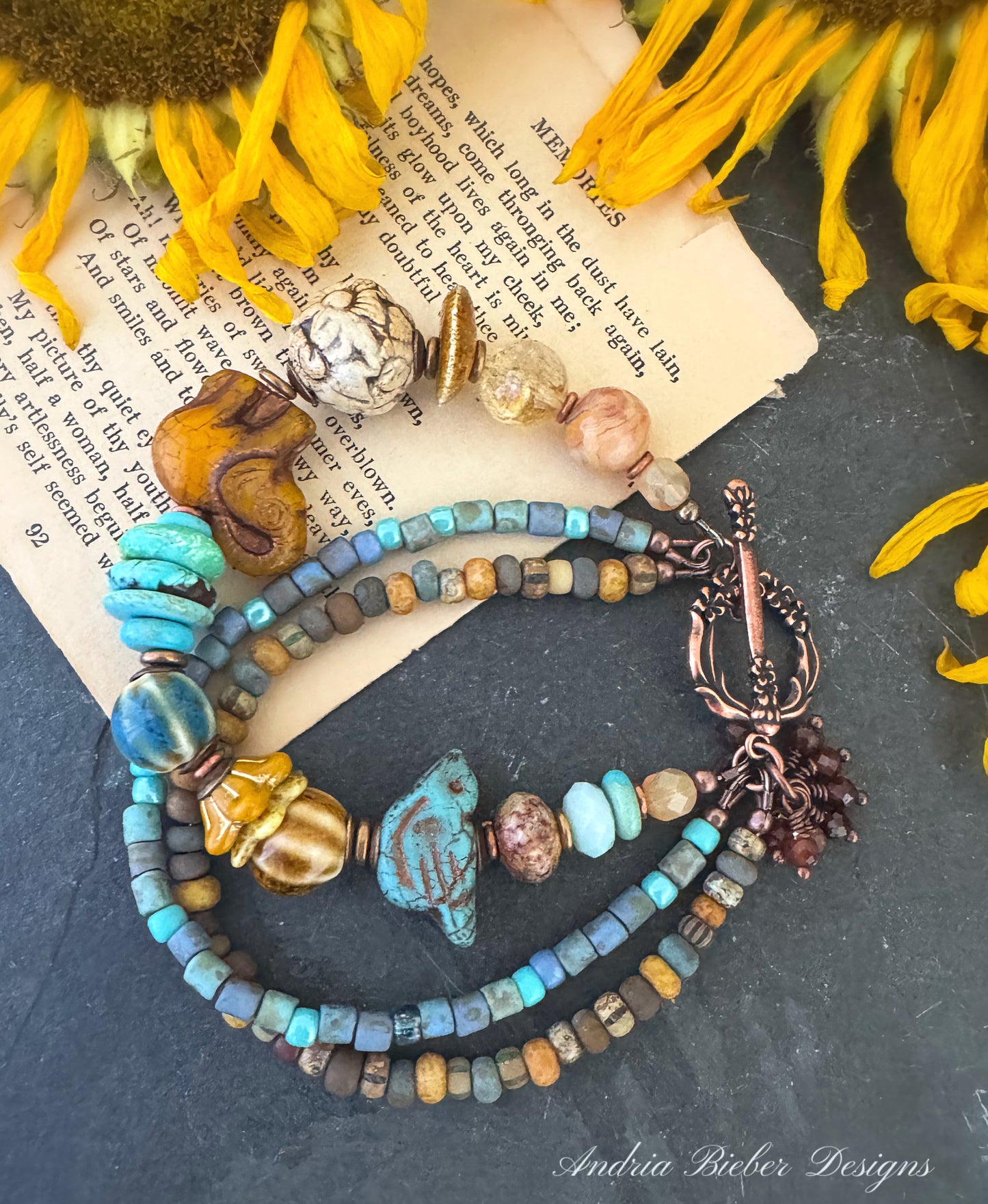Turquoise stone, Czech glass, ceramic, citrine, jasper and copper metal, bracelet.